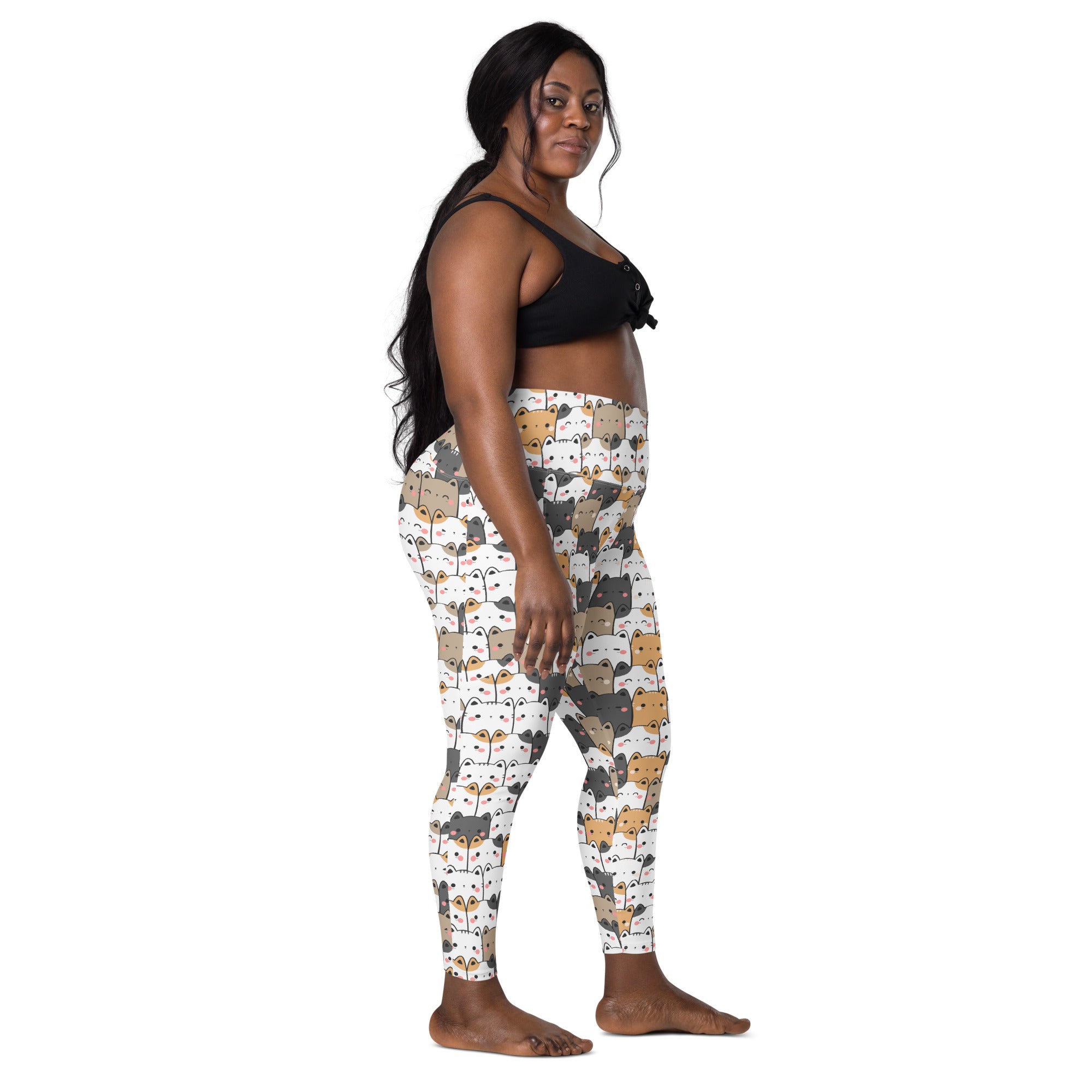 White women’s kawaii cat yoga leggings with pockets high-waisted soft compression featuring colorful cartoon cats