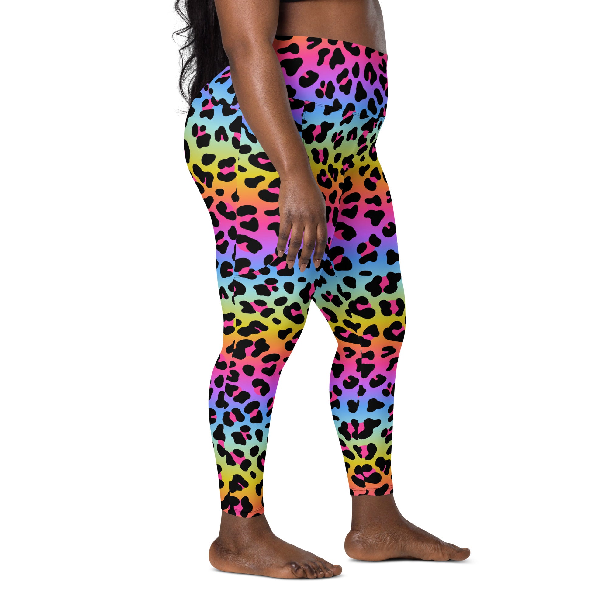 Women’s rainbow leopard yoga leggings with pockets high waisted soft compression active pants front view