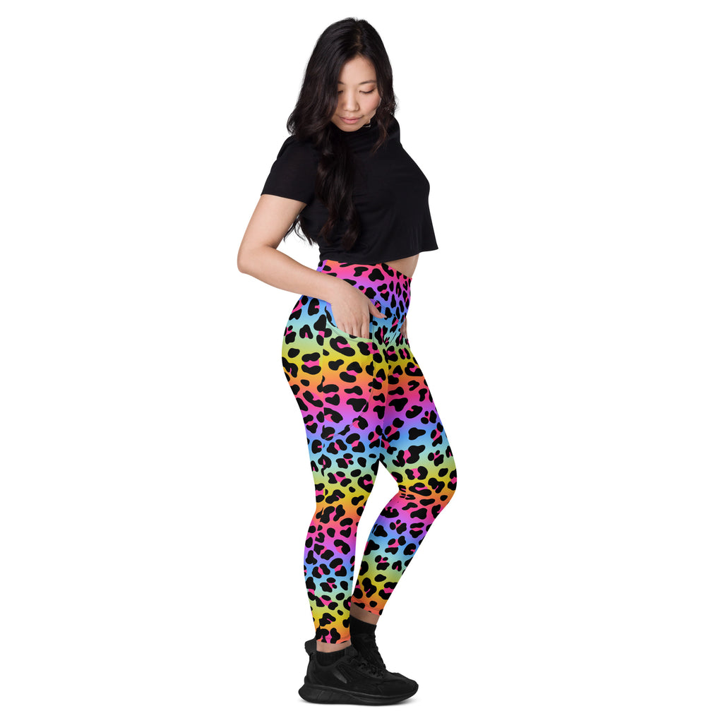 Women’s high-waisted rainbow leopard yoga leggings with pockets soft compression activewear pants