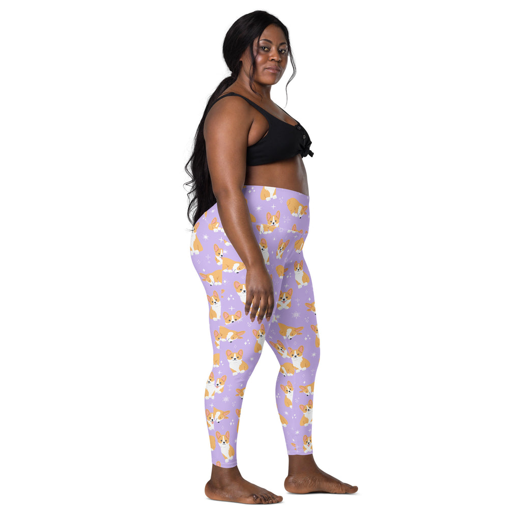 Women’s purple high-waisted yoga leggings with soft compression and pockets featuring orange and white corgi pattern