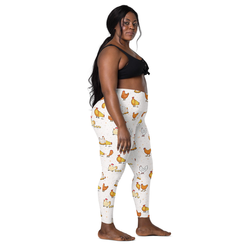 White women’s chicken yoga leggings with pockets high-waisted soft compression featuring cartoon chickens pattern