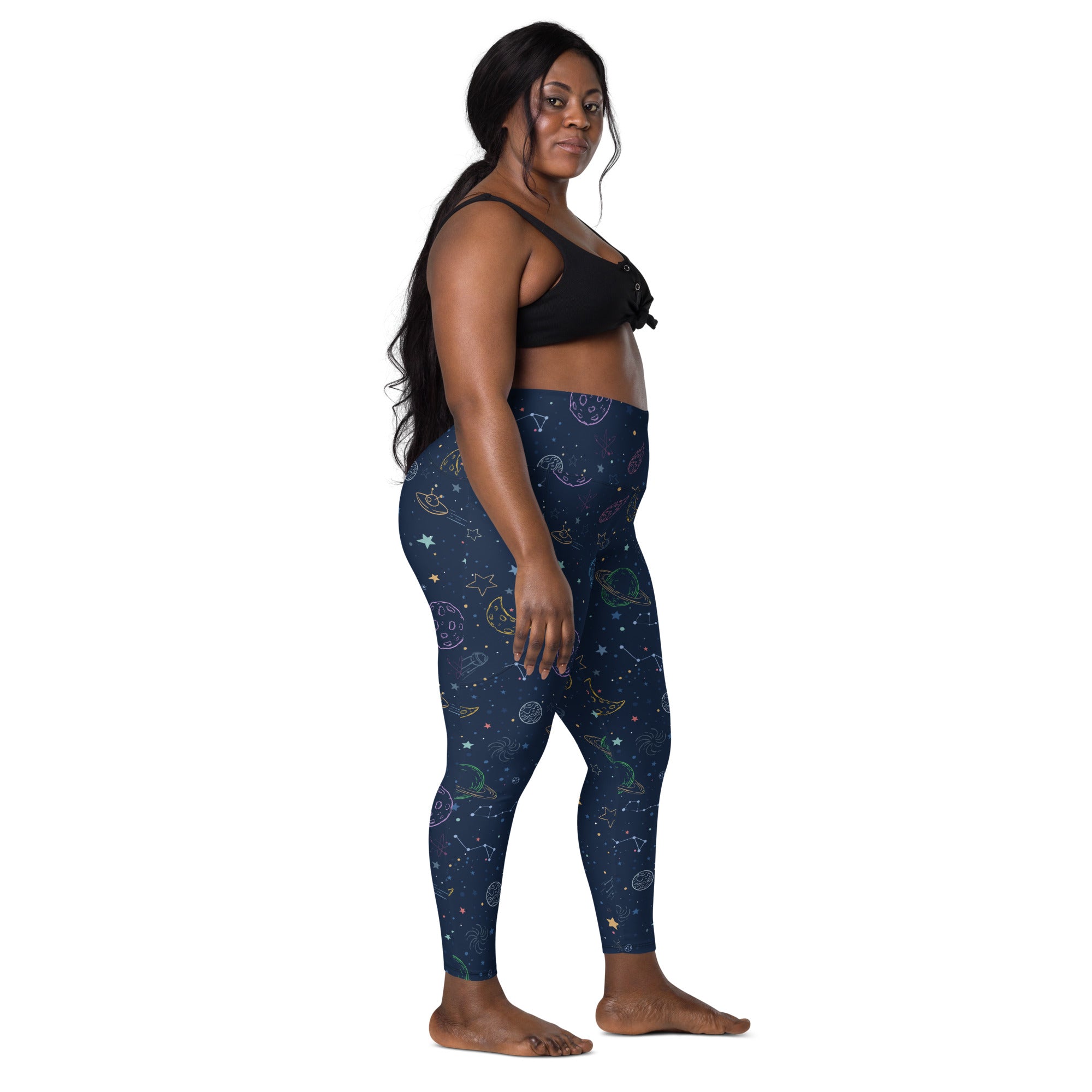 Women’s dark blue galaxy space leggings with white gold purple celestial patterns high-waisted soft compression