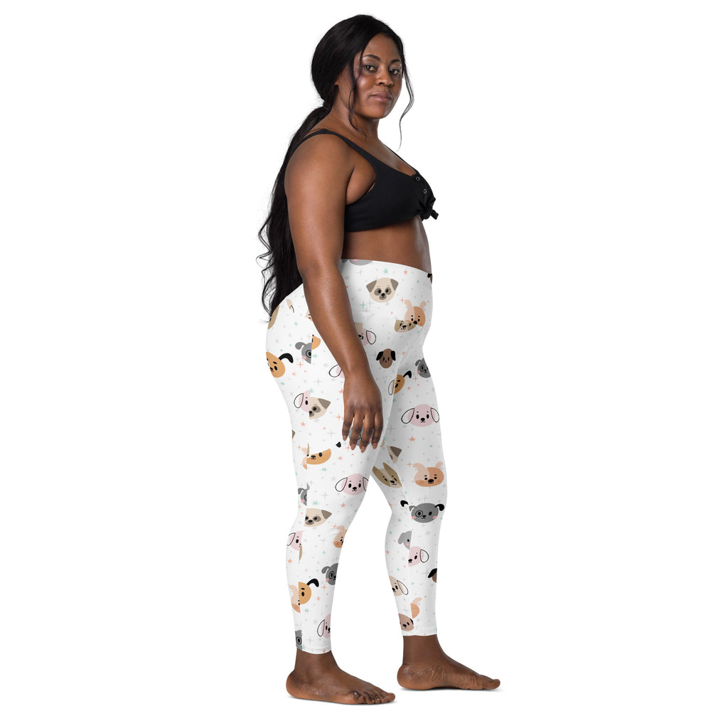 White high-waisted women’s dog face yoga leggings with pockets featuring playful cartoon pugs in beige gray and pink