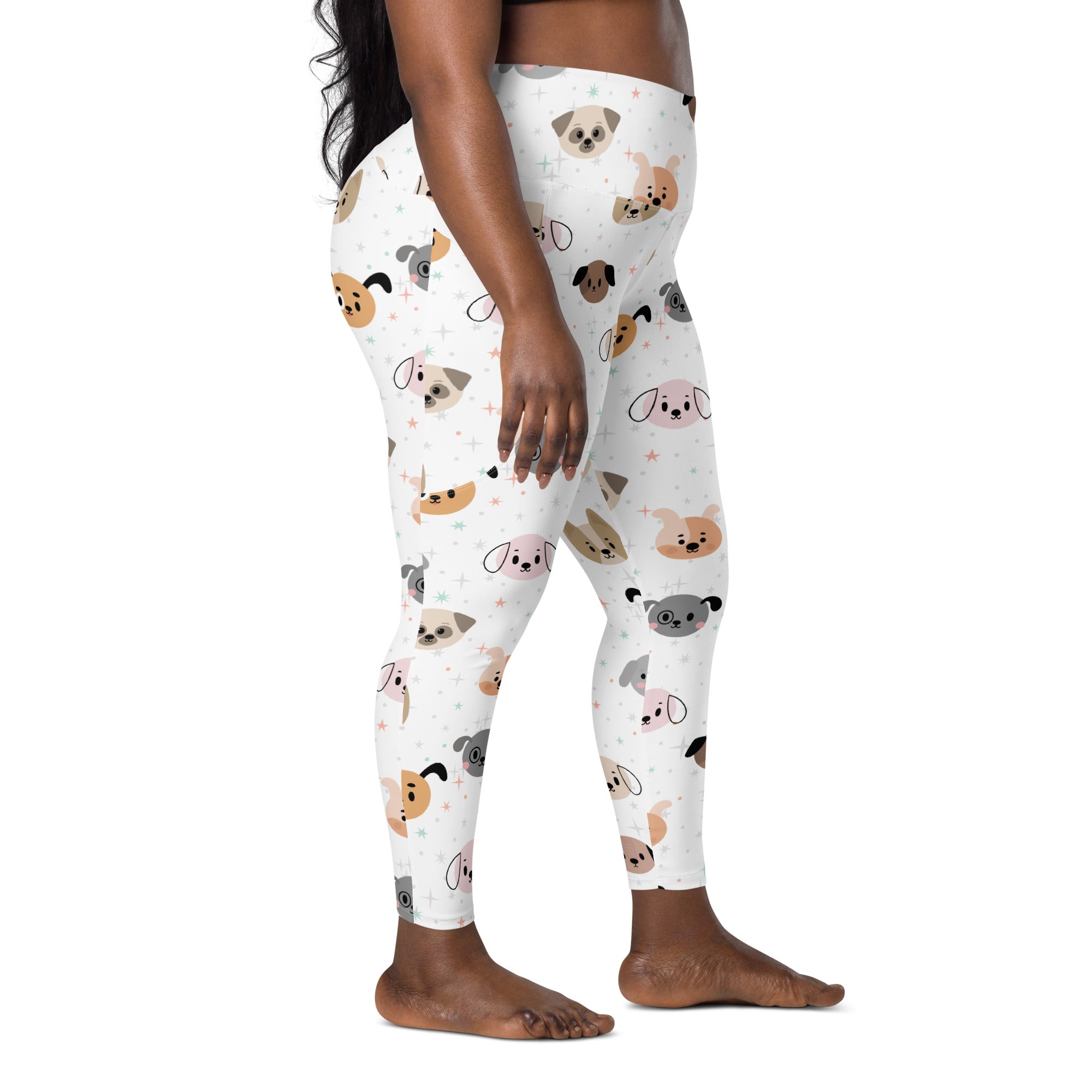White high-waisted women’s dog face yoga leggings with pockets featuring playful tan gray and pink cartoon pug pattern