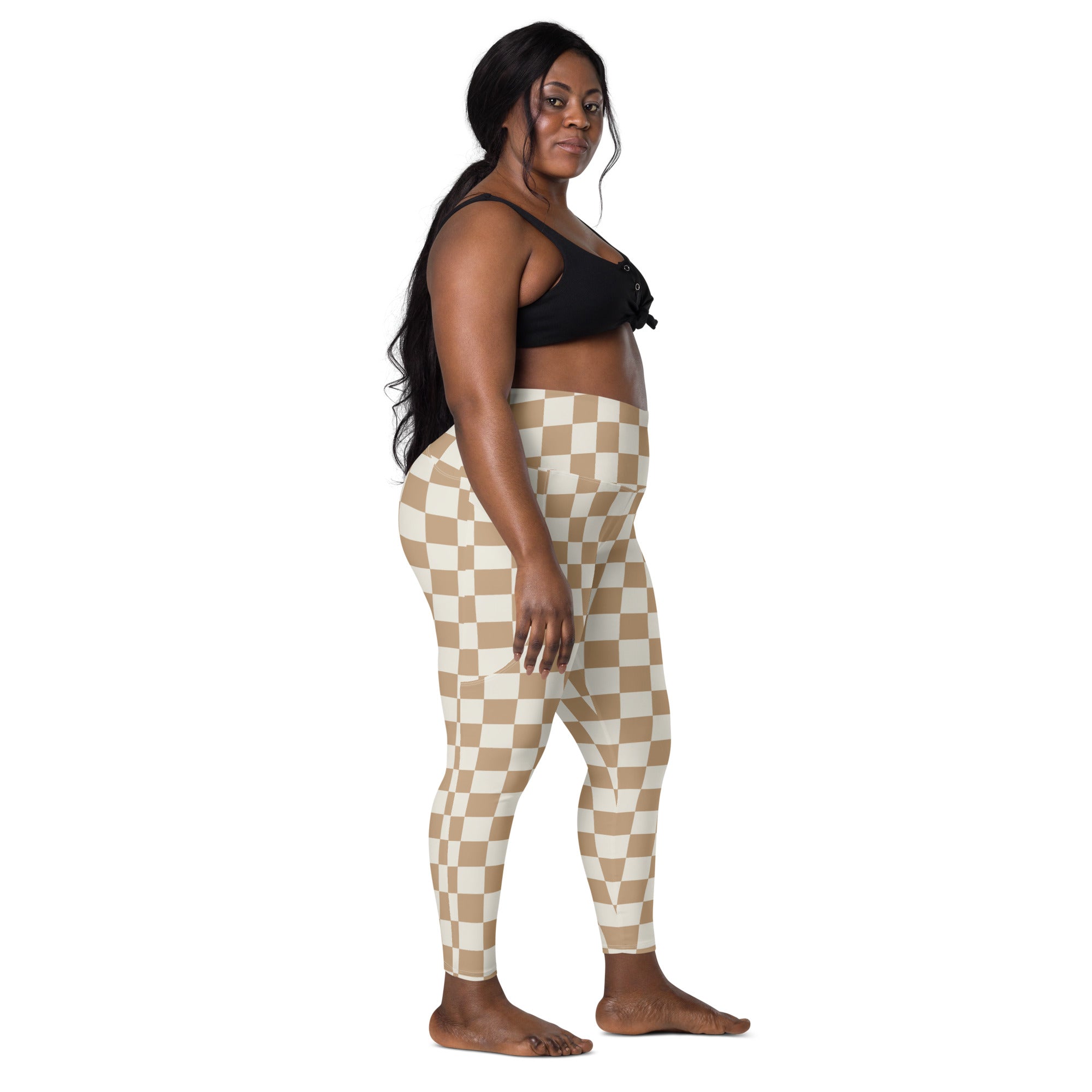 Beige and white checkered high-waisted yoga leggings with pockets soft compression active pants for women