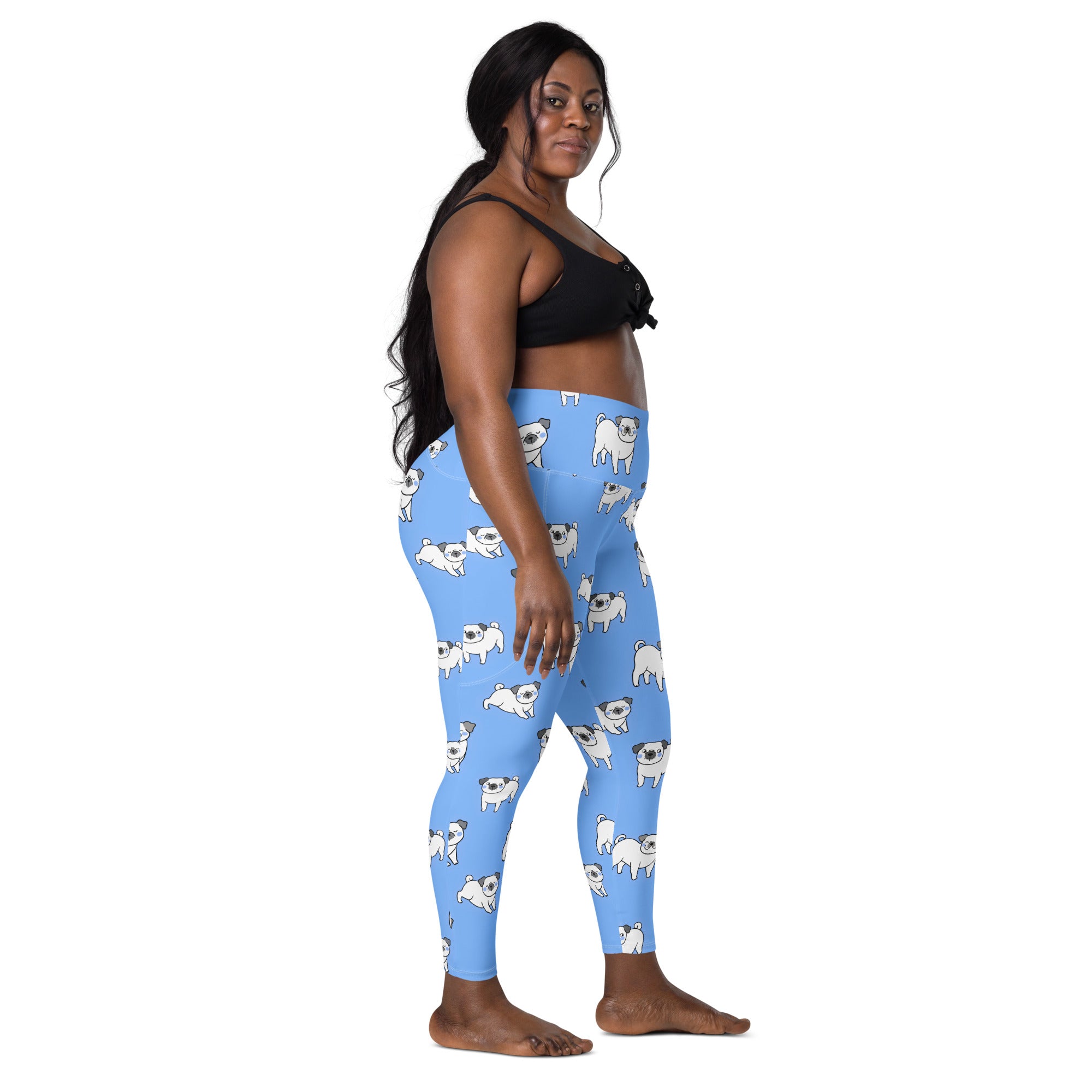 Women’s light blue high waisted yoga leggings with soft compression and white pug pattern with pockets