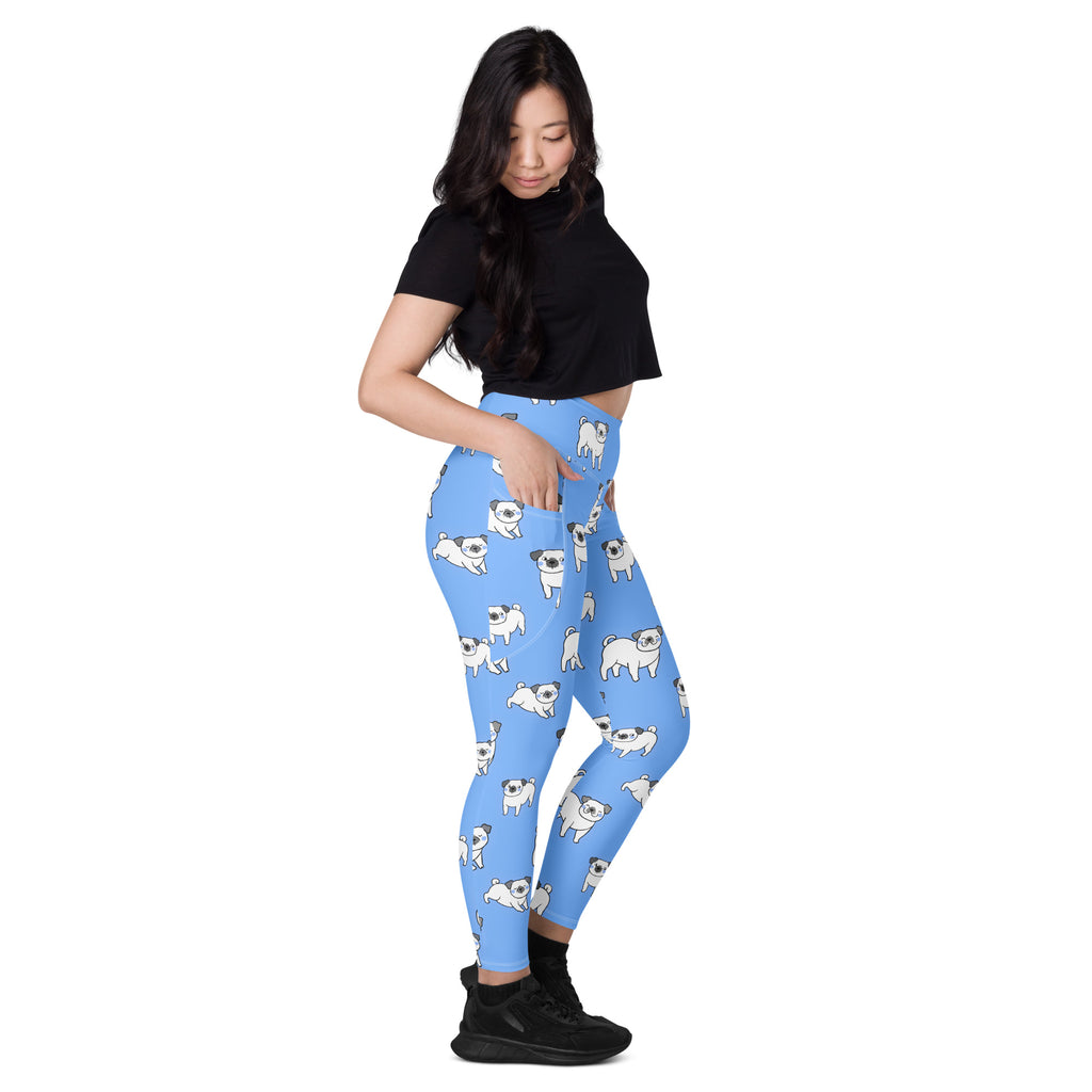 Women’s light blue high-waisted pug yoga leggings with pockets featuring soft compression and playful white cartoon pugs