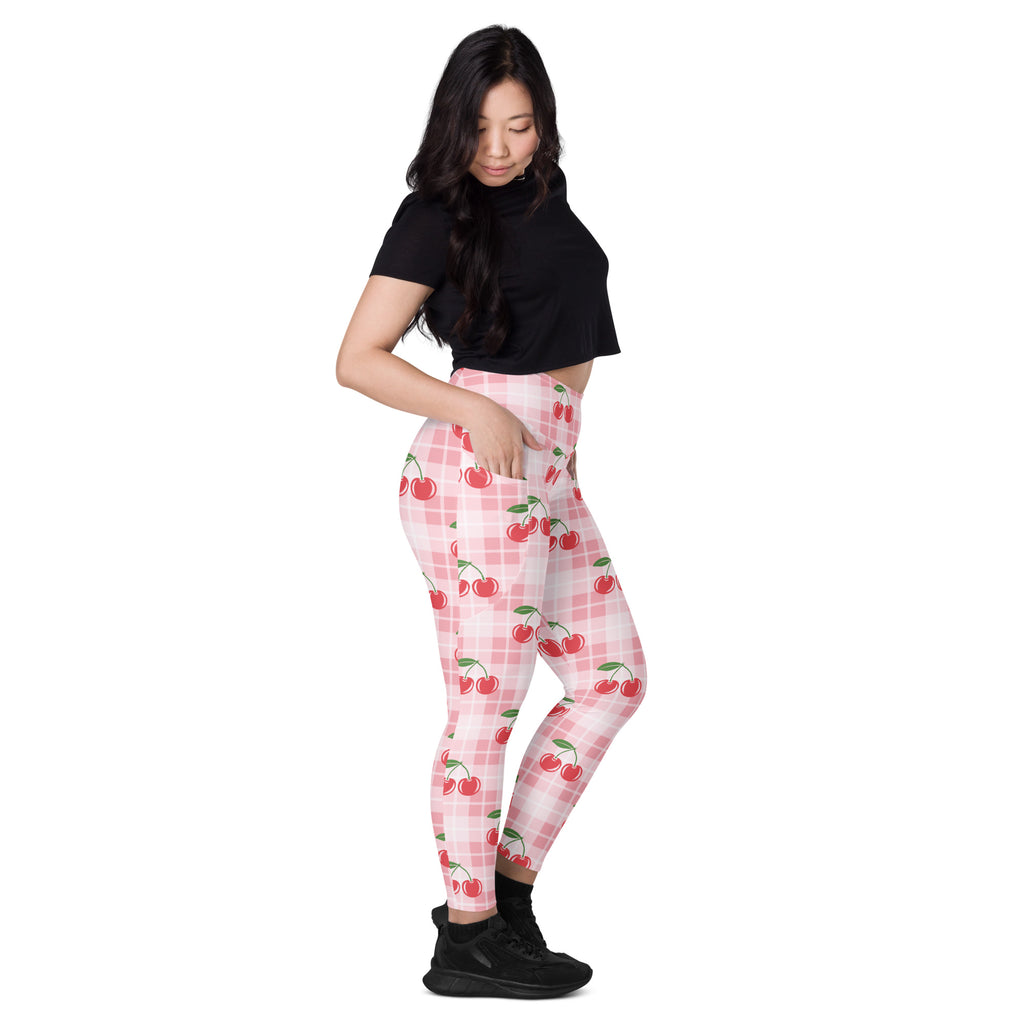 Women’s high-waisted pink and white checkered yoga leggings with red cherry prints soft compression and pockets