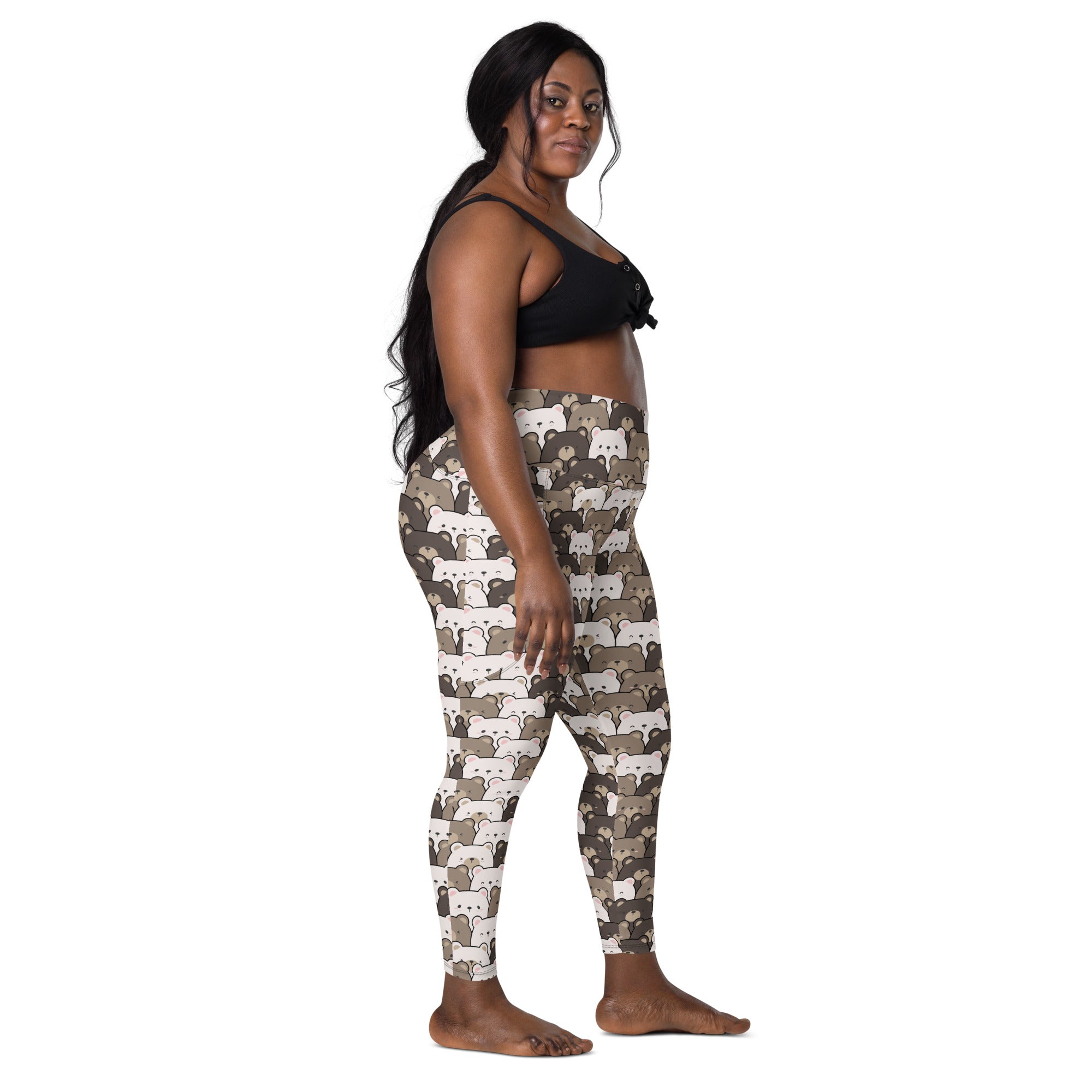 Women’s high-waisted bear face yoga leggings with pockets featuring soft compression and cartoon bear pattern