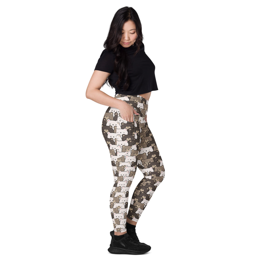 High waisted women’s yoga leggings with white and gray bear pattern on olive green camouflage with pockets and soft compression