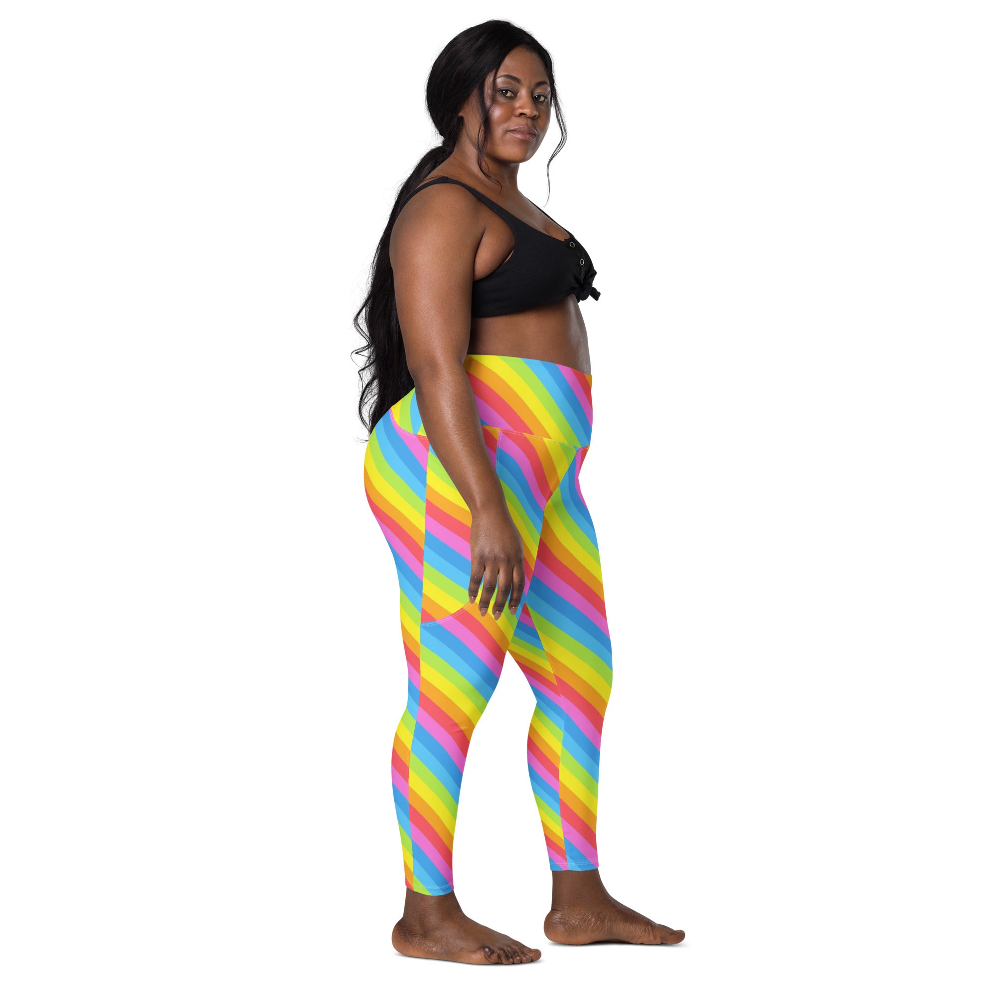 Women’s Rainbow Stripe Yoga Leggings With Pockets – High-Waisted, Soft Compression Active Pants