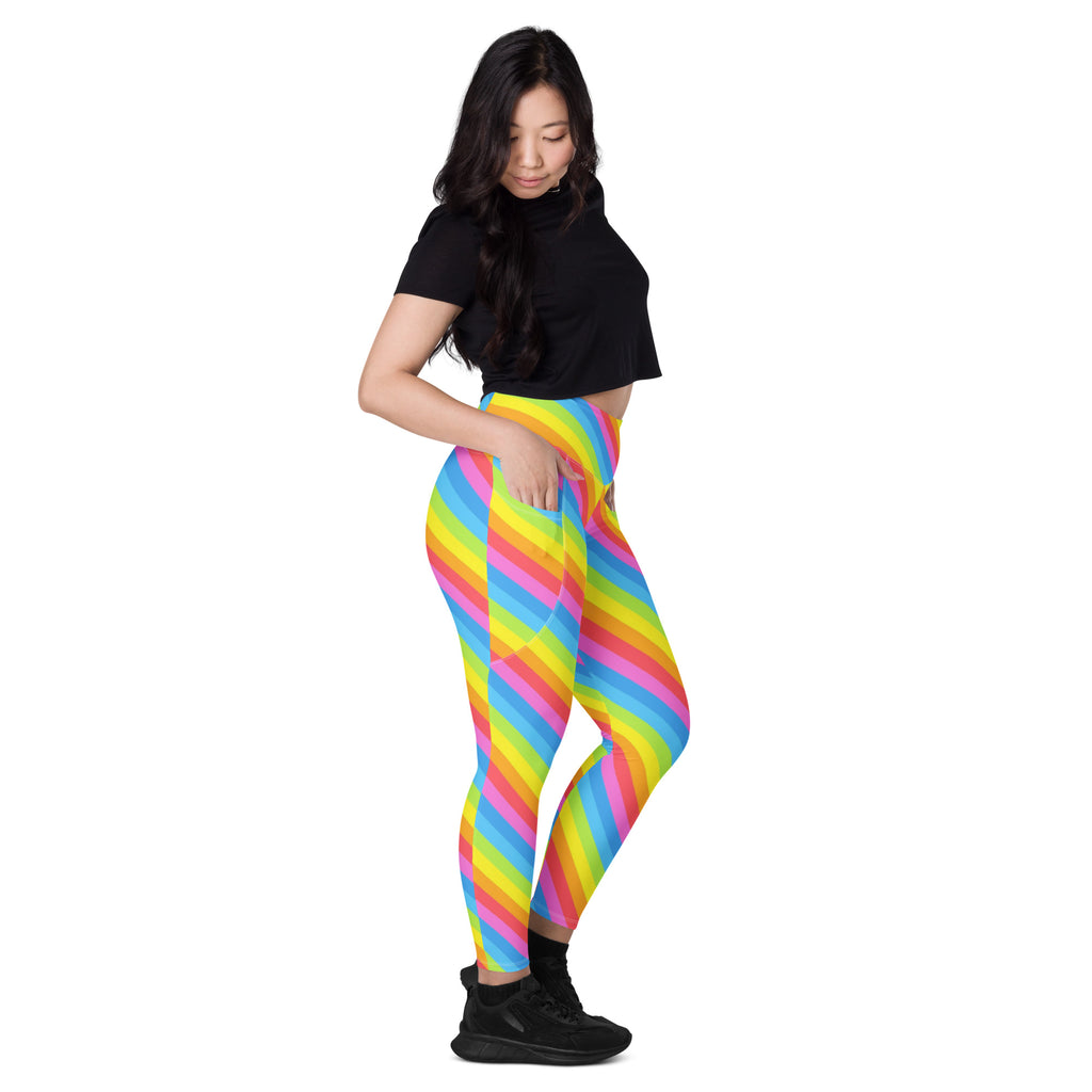 Women’s Rainbow Stripe Yoga Leggings With Pockets – High-Waisted, Soft Compression Active Pants