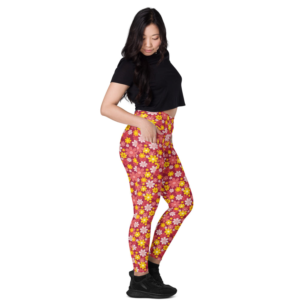 Women’s high-waisted pink and yellow floral yoga leggings with pockets soft compression active pants