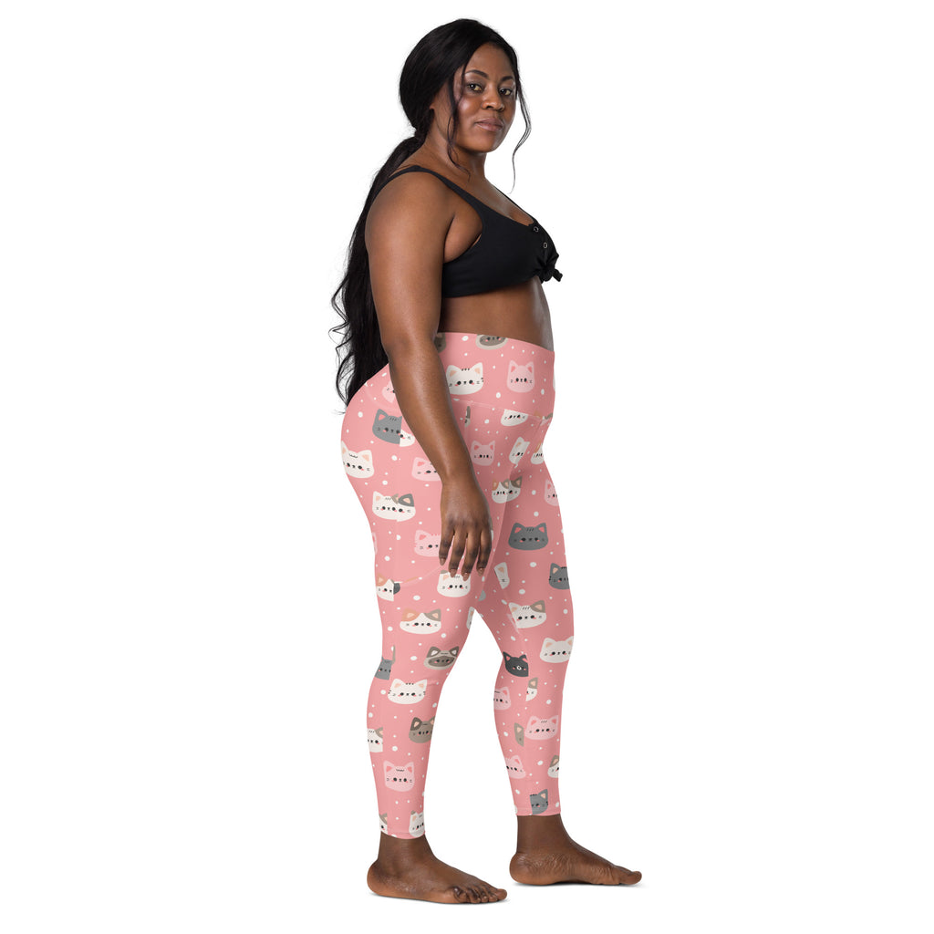 Women’s high-waisted pink cat faces yoga leggings with pockets feature soft compression and playful white and gray cat patterns