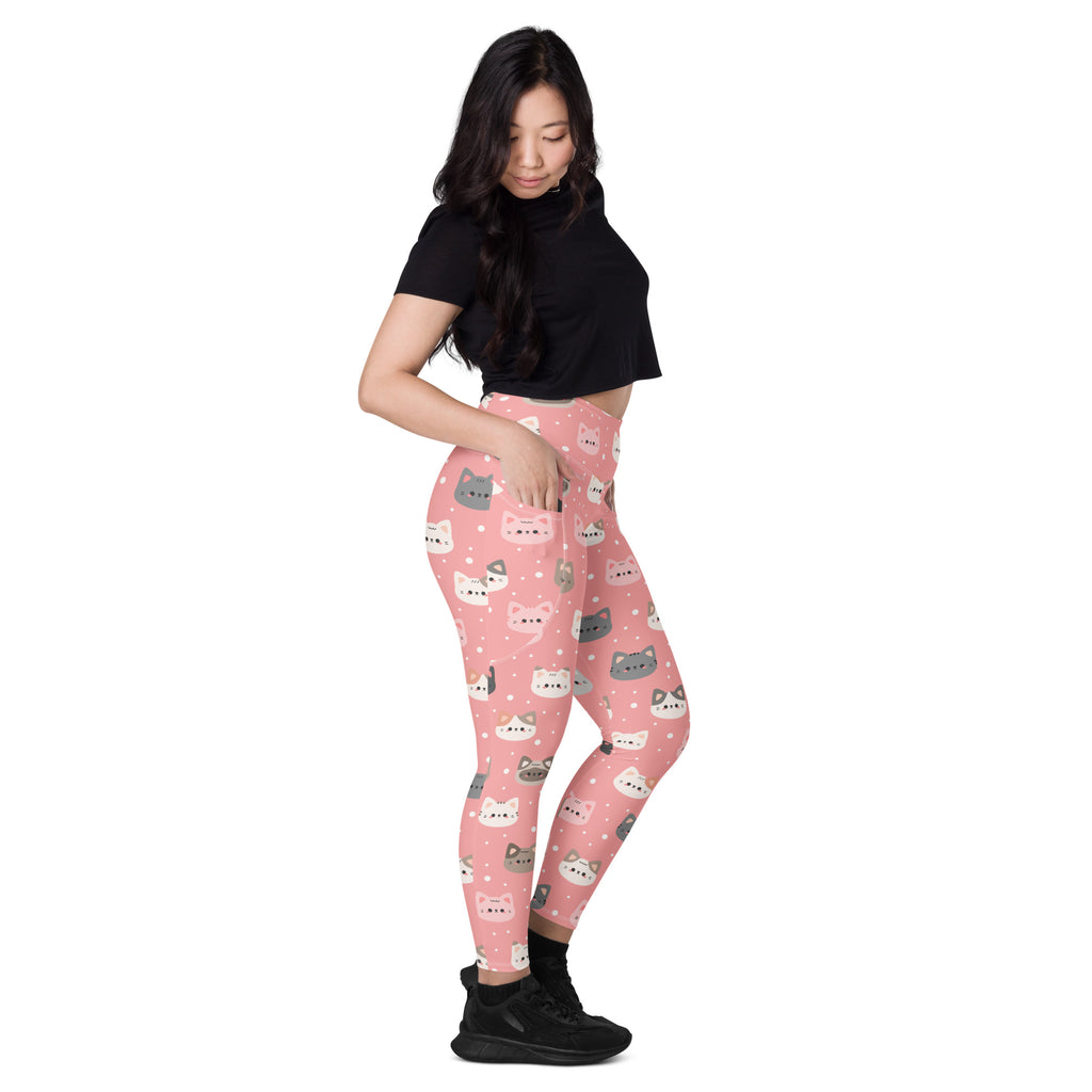 Women’s cute pink cat faces high-waisted yoga leggings with pockets soft compression active pants patterned with gray and white cats