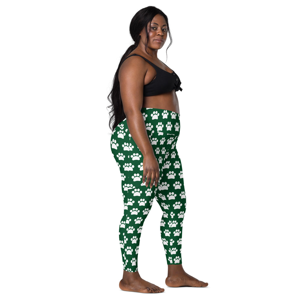 Women’s green high waisted yoga leggings with white paw print pattern soft compression and pockets