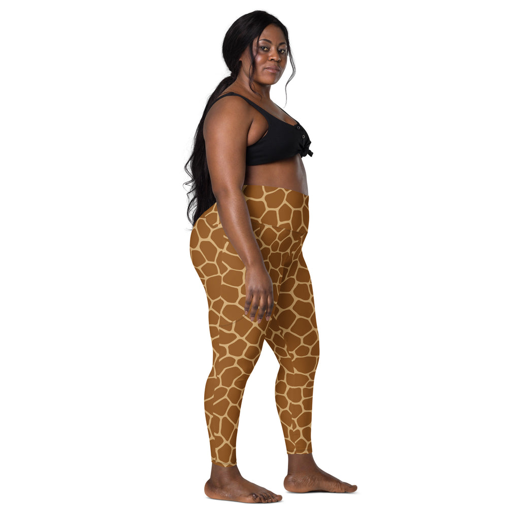 Women’s giraffe print yoga leggings in stretchy brown and cream geometric fabric with pockets and high-waisted soft compression