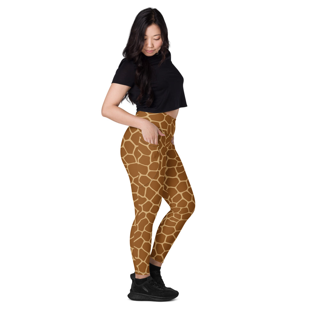 Women’s high-waisted giraffe print yoga leggings with pockets in brown and tan soft compression fabric
