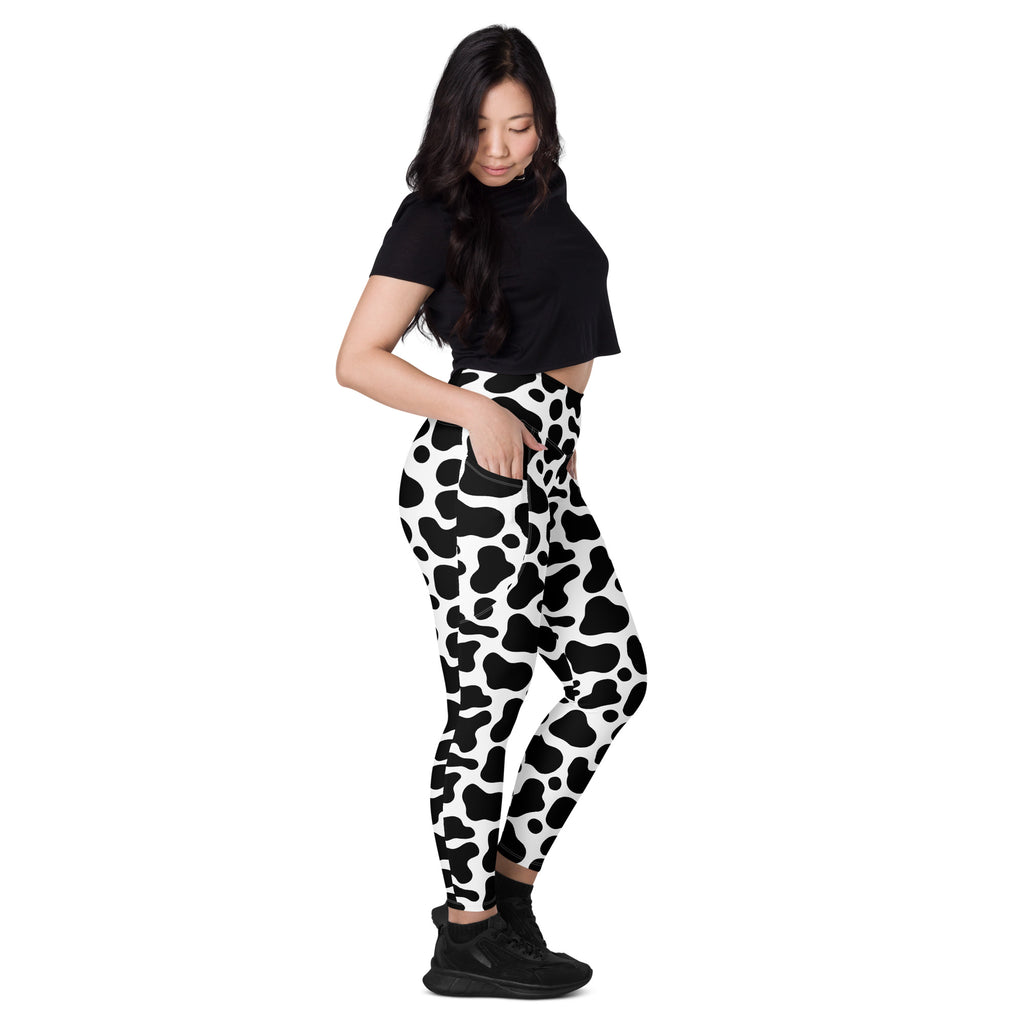 Women’s Cow Print Yoga Leggings With Pockets – High-Waisted, Soft Compression Active Pants