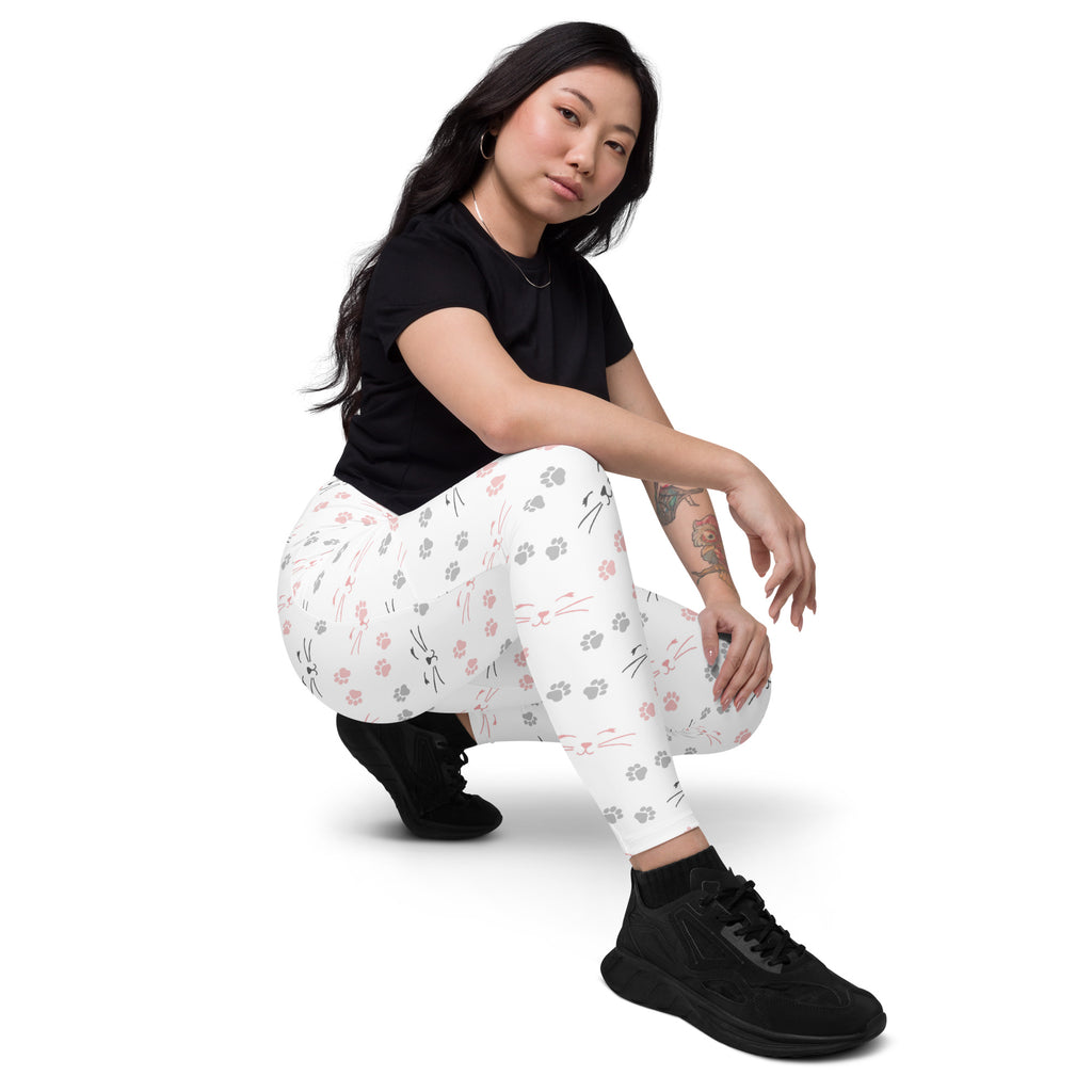 Women’s high-waisted white yoga leggings with pink gray and black cat paw prints and whiskers soft compression pants