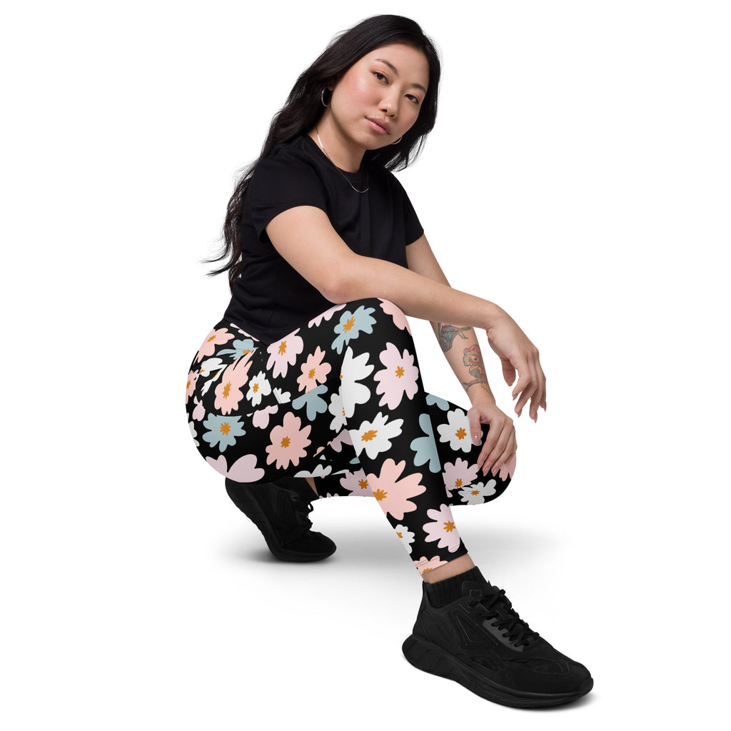 Women’s retro floral yoga leggings with pockets high-waisted black leggings with pink white and light blue daisies