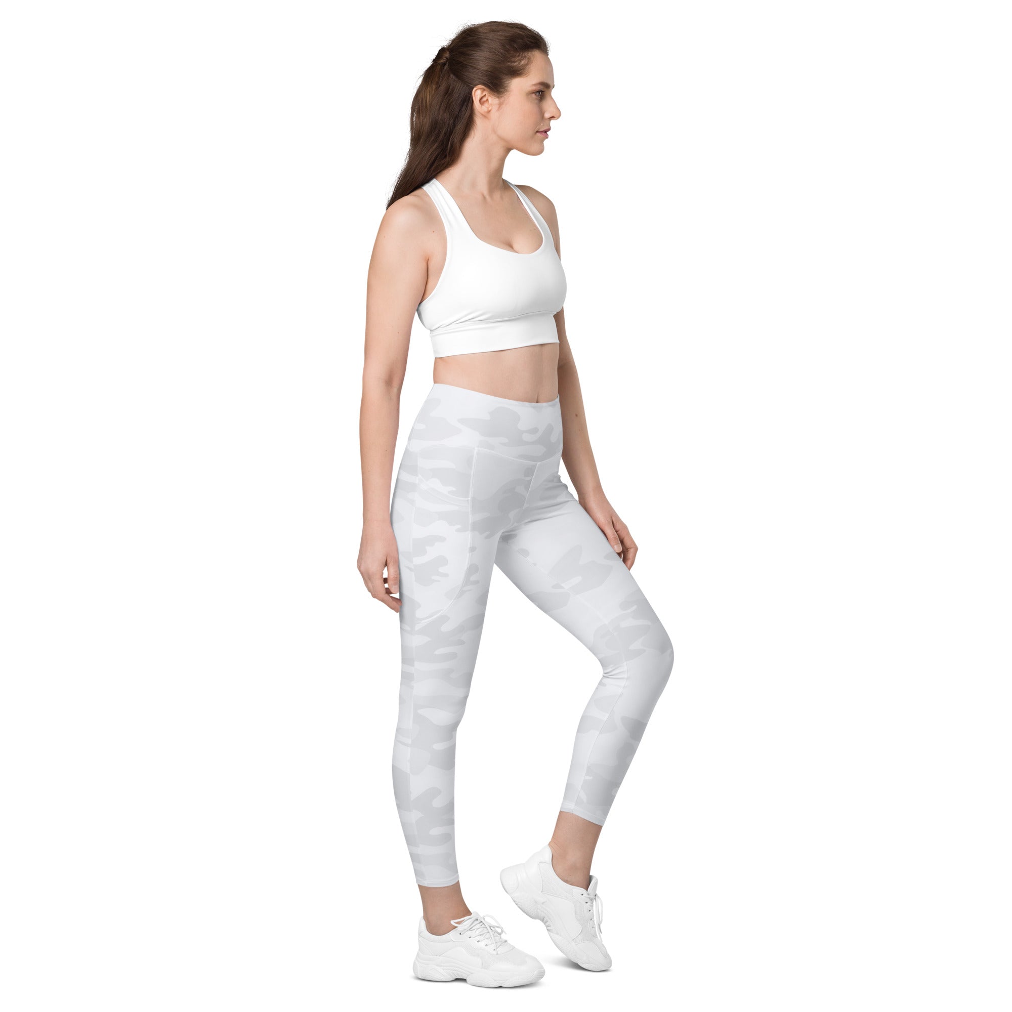 Women’s white camouflage high-waisted yoga leggings with pockets soft compression activewear pants