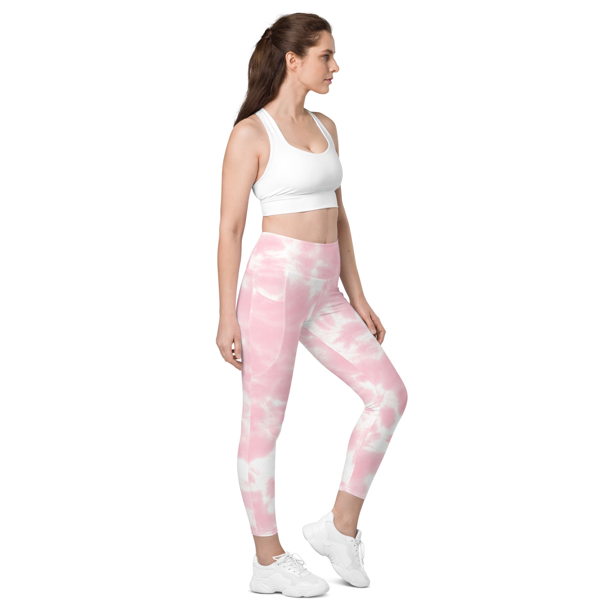 Women pink tie dye high waisted yoga leggings with pockets soft compression active pants front view