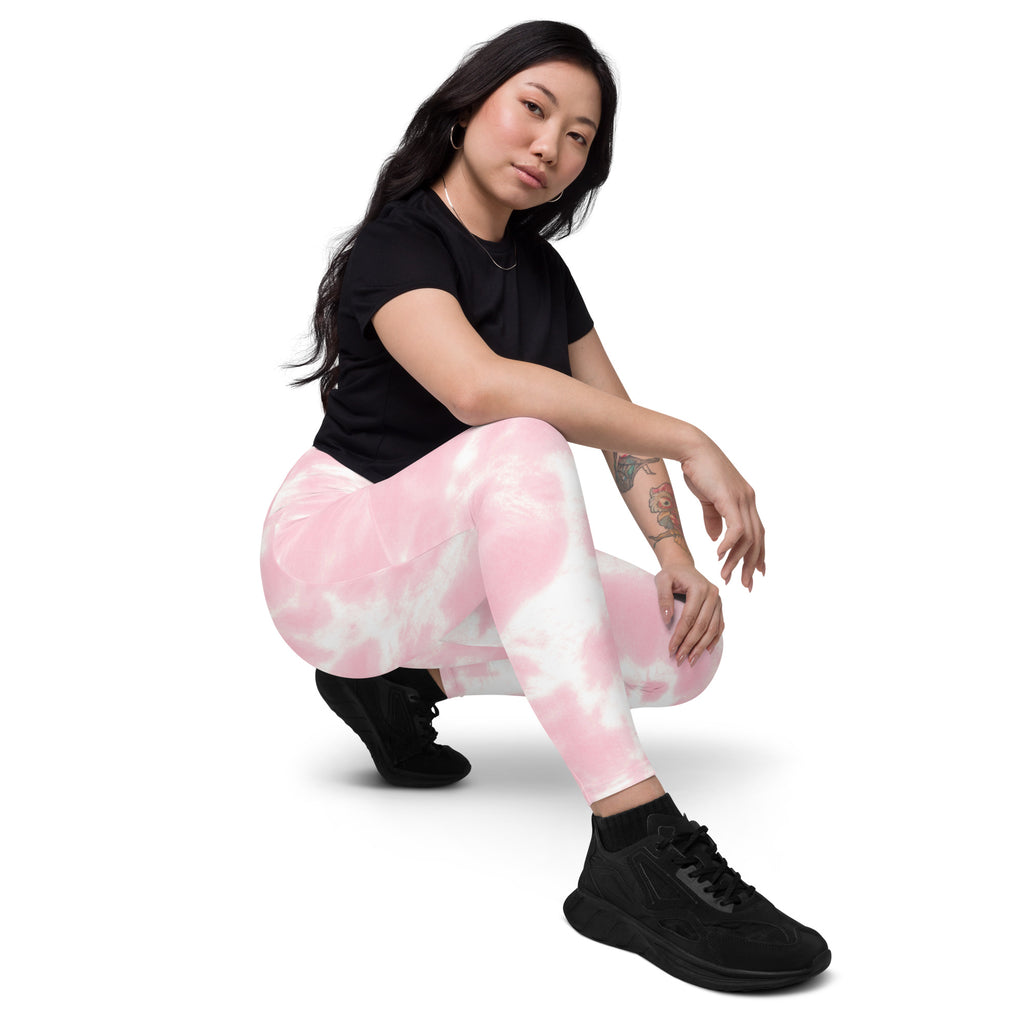 Women’s pink and white tie dye yoga leggings with high waisted soft compression fabric and pockets shown from the back