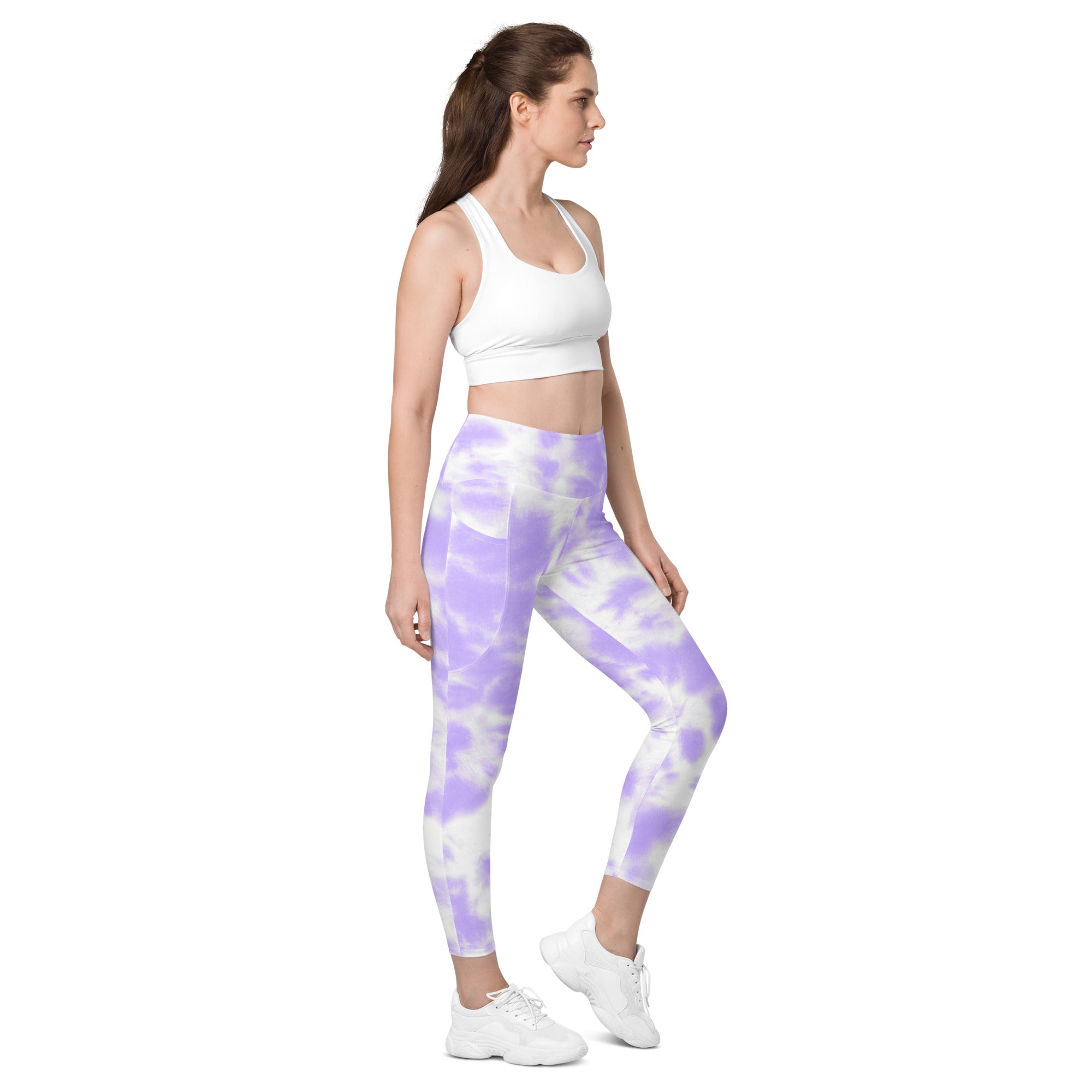 Women’s purple and white tie dye high waisted yoga leggings with pockets soft compression active pants