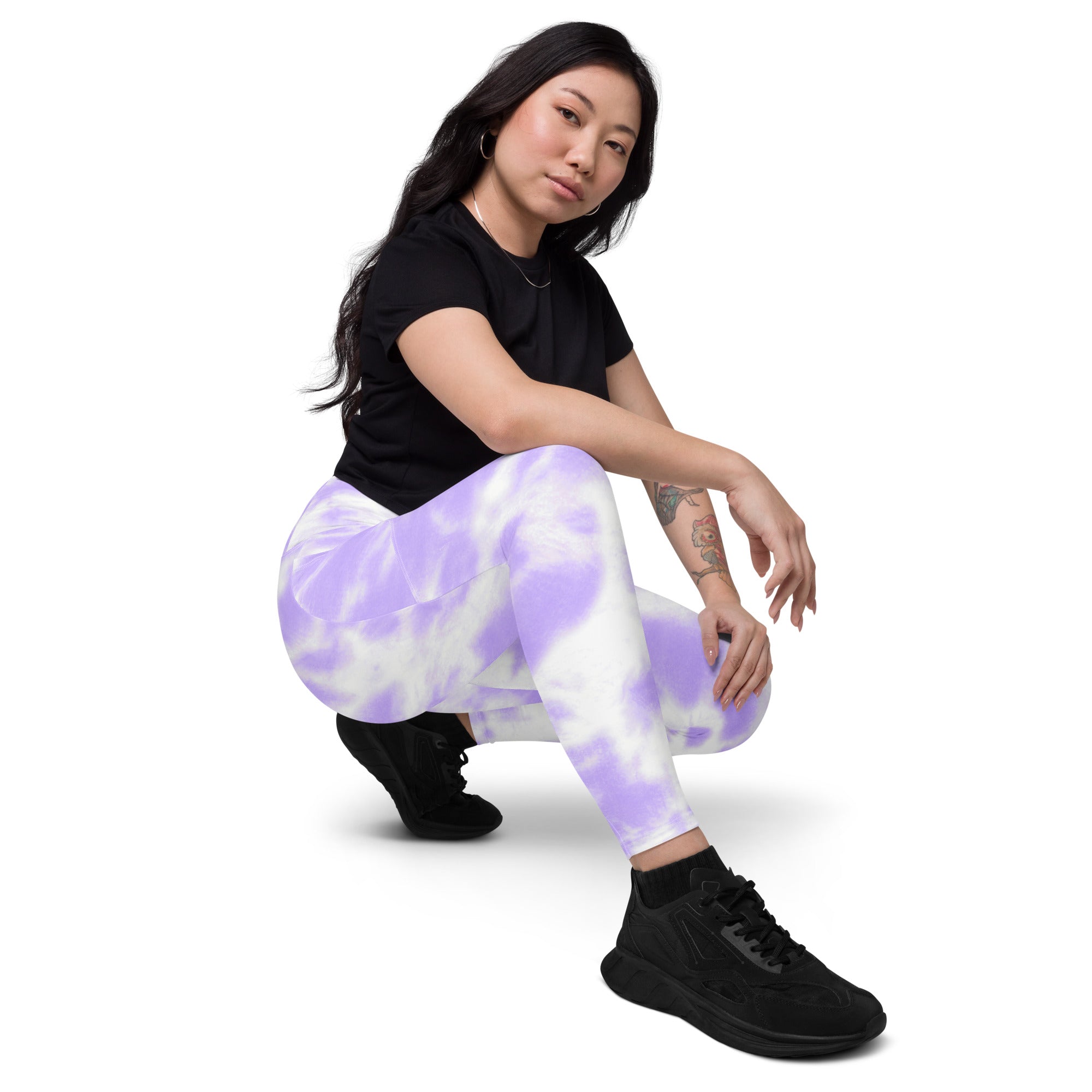 Women’s purple and white tie dye yoga leggings with pockets high waisted soft compression active pants front view