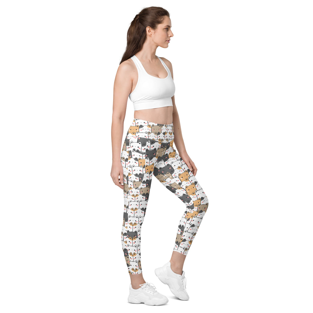 White women’s kawaii cat yoga leggings with pockets featuring playful cartoon raccoons in gray brown and black