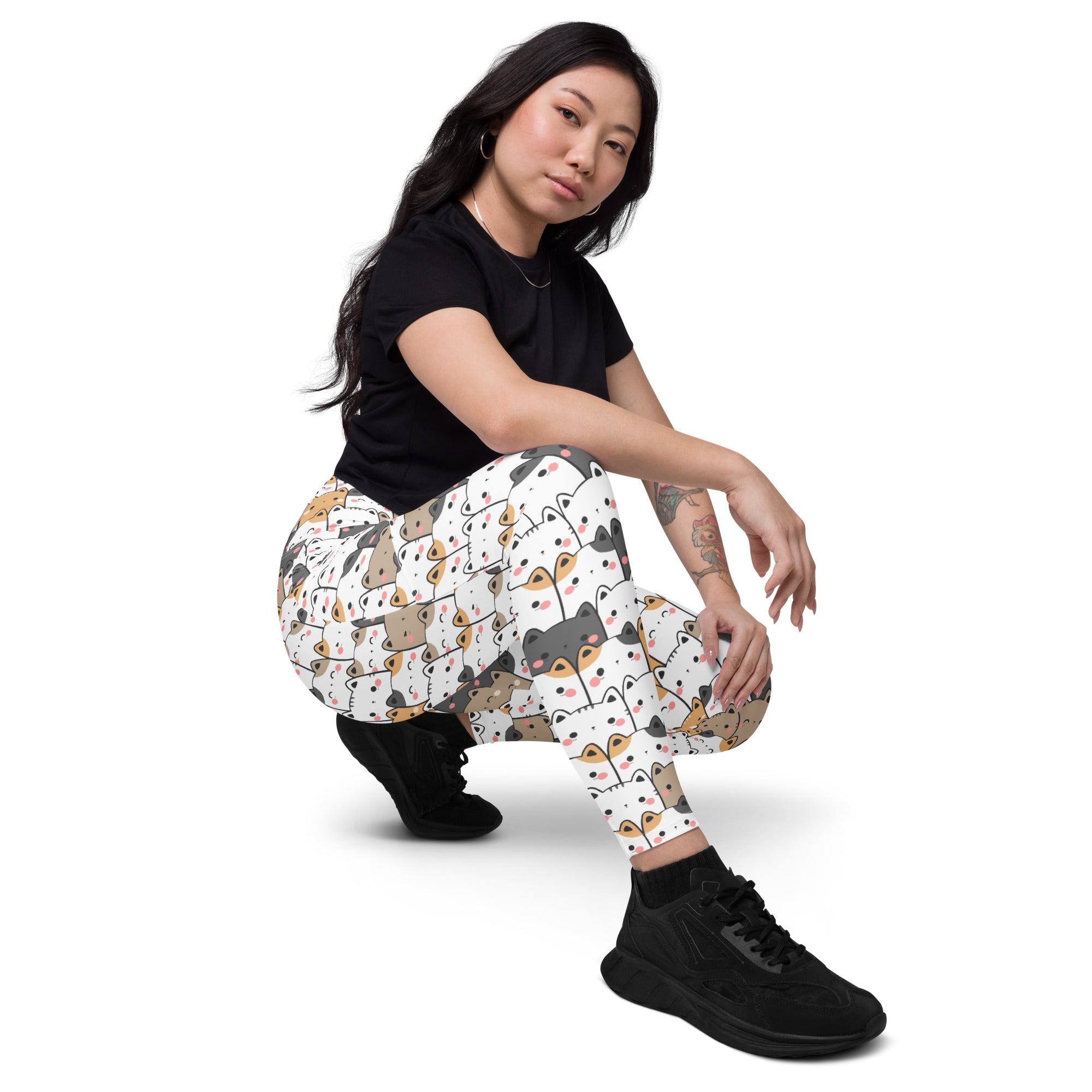 White women’s kawaii cat yoga leggings with pockets featuring playful beige gray and brown cartoon fox pattern