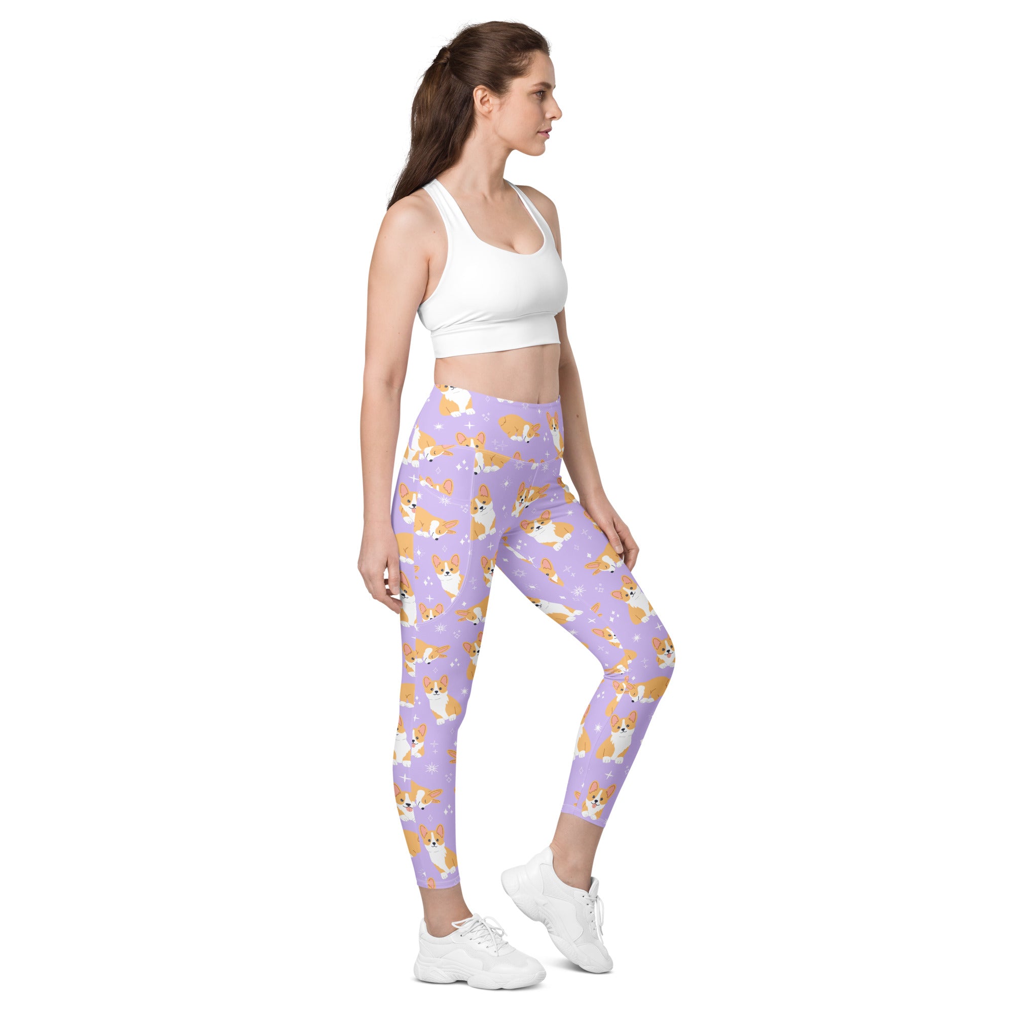Women’s purple corgi dog yoga leggings with pockets high waisted soft compression featuring orange and white corgi pattern