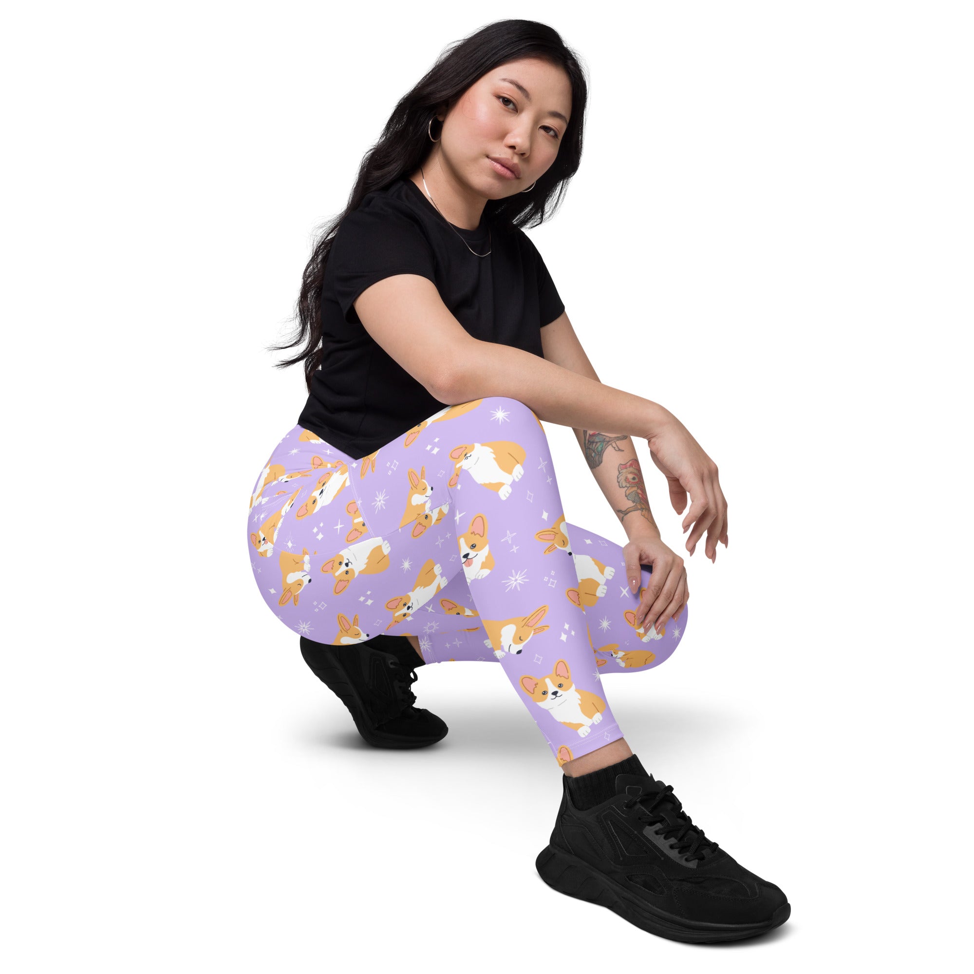 Women’s lavender high-waisted corgi dog yoga leggings with pockets soft compression and star accents