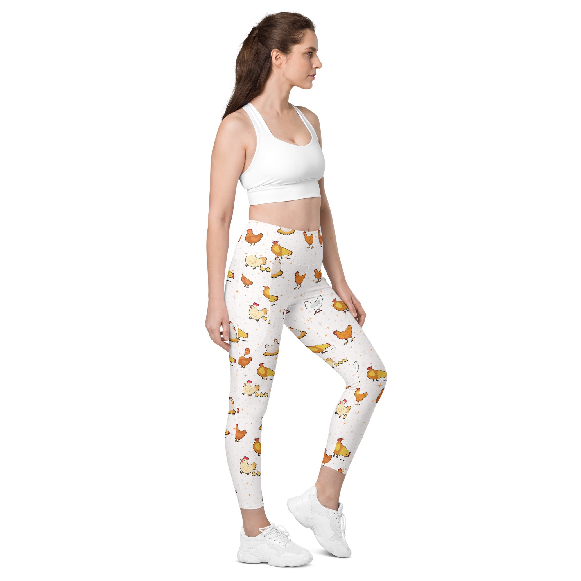 Women’s high waisted white chicken yoga leggings with pockets featuring colorful cartoon chicken pattern