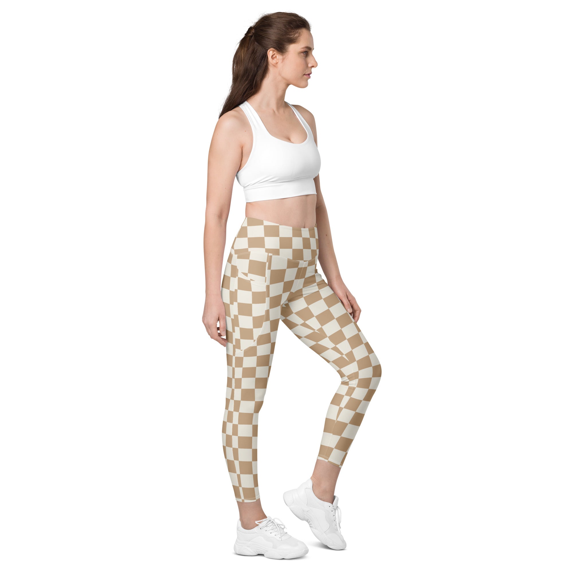 Beige and cream checkered high-waisted yoga leggings with pockets soft compression activewear pants for women