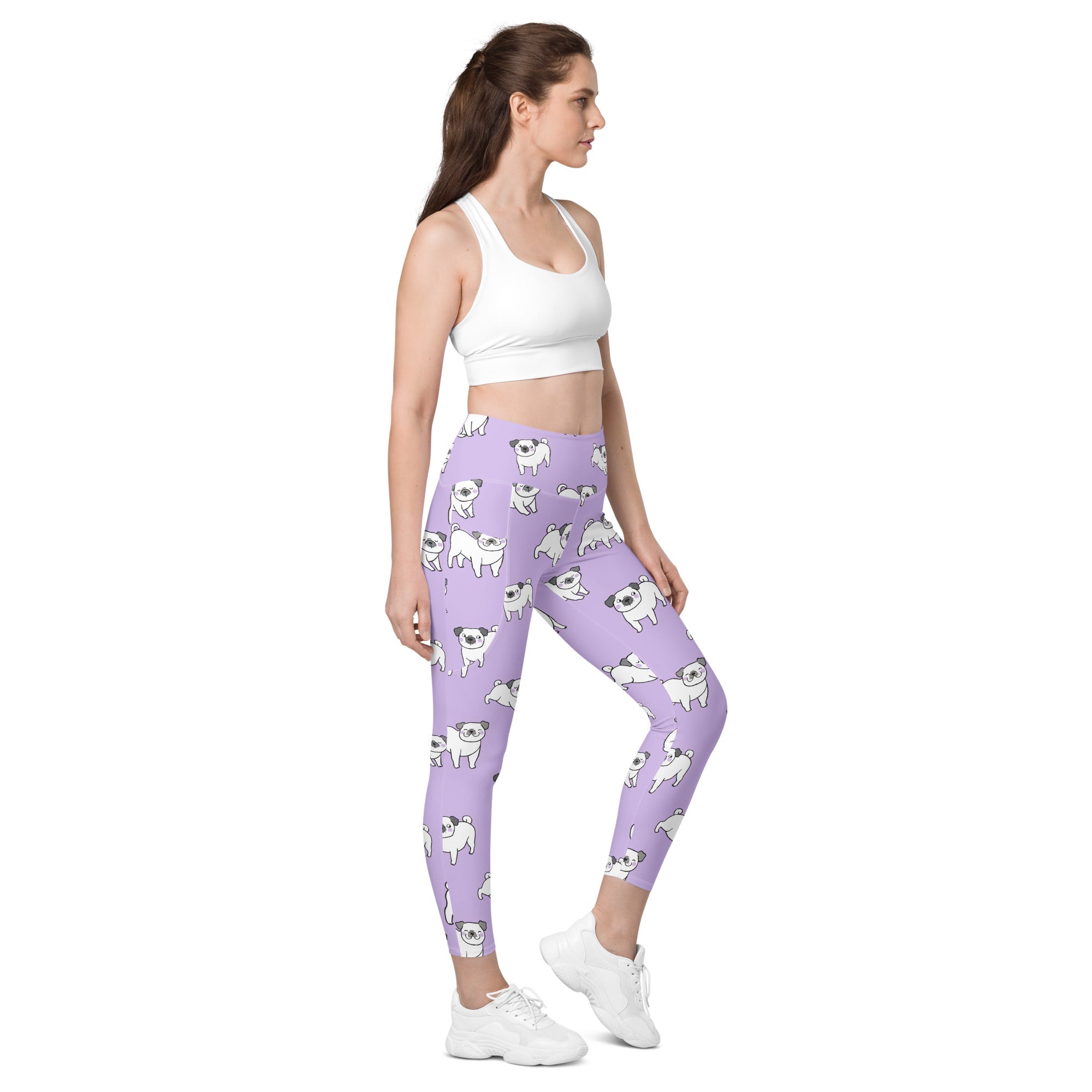 Women’s lavender purple pug yoga leggings with pockets high-waisted soft compression pants with white pug pattern