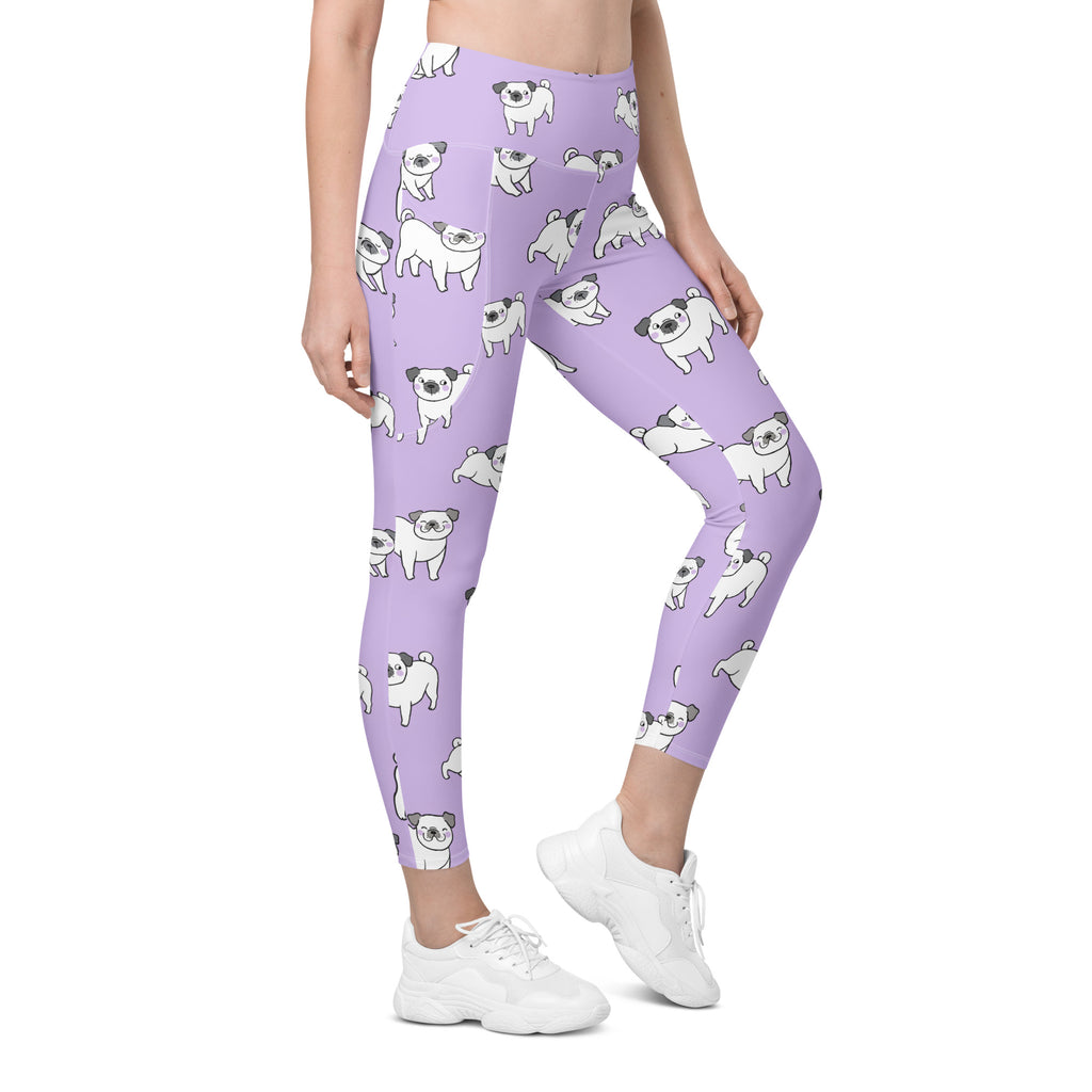 Women’s high-waisted lilac purple pug yoga leggings with soft compression and pockets featuring white and gray cartoon pugs