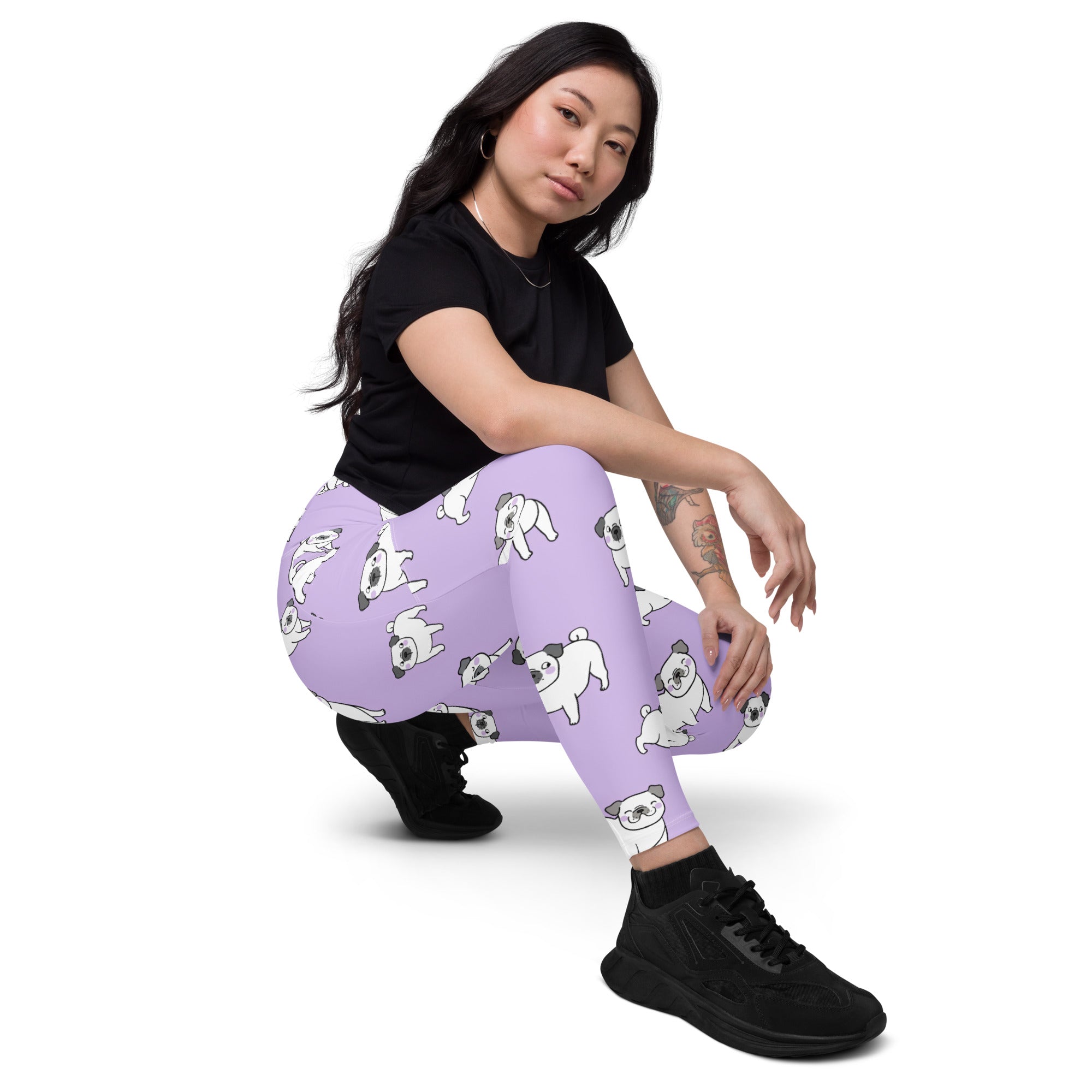 Women’s purple pug yoga leggings with pockets high waisted soft compression fabric and white pug dog pattern
