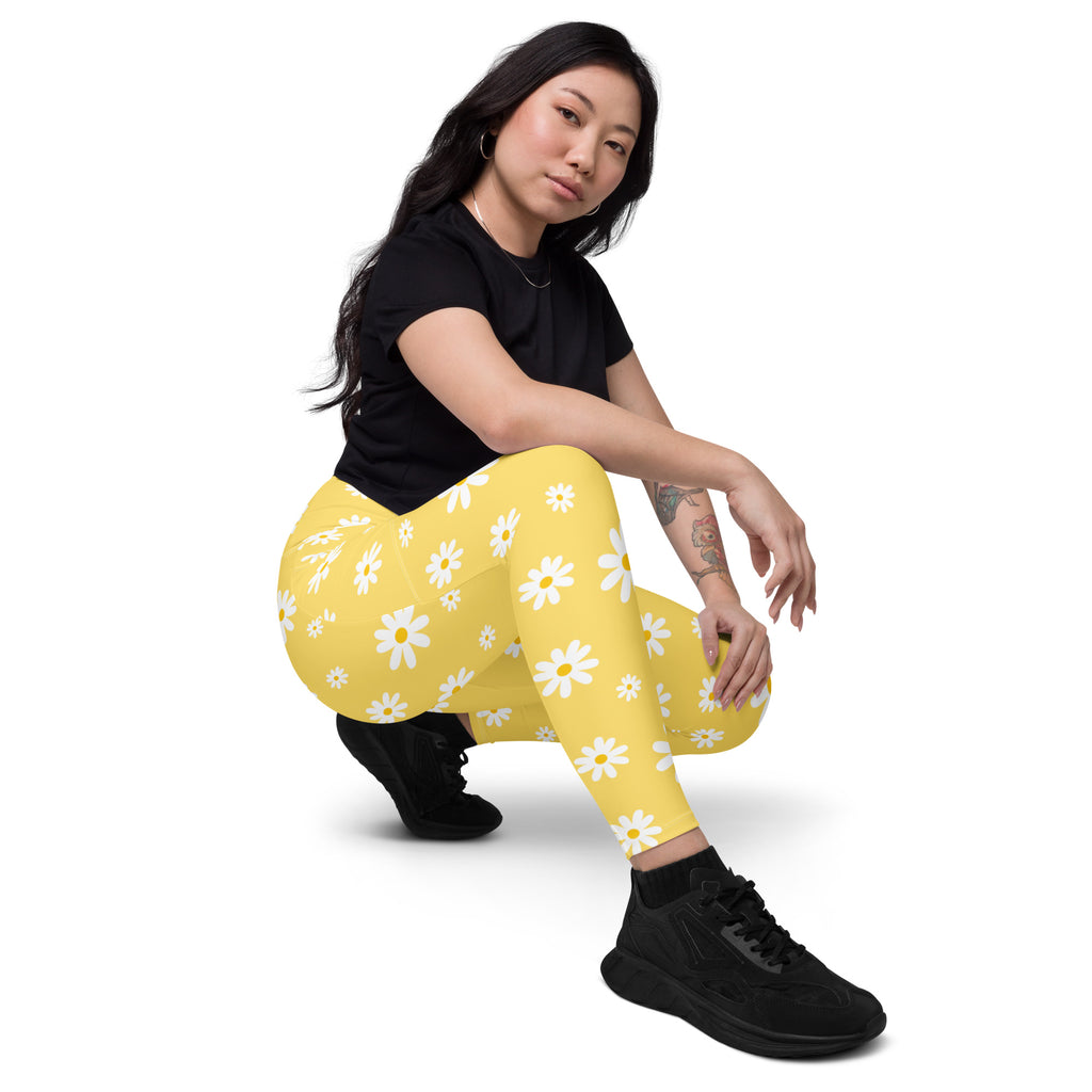 Women’s Yellow Daisy Yoga Leggings With Pockets – High-Waisted, Soft Compression Active Pants