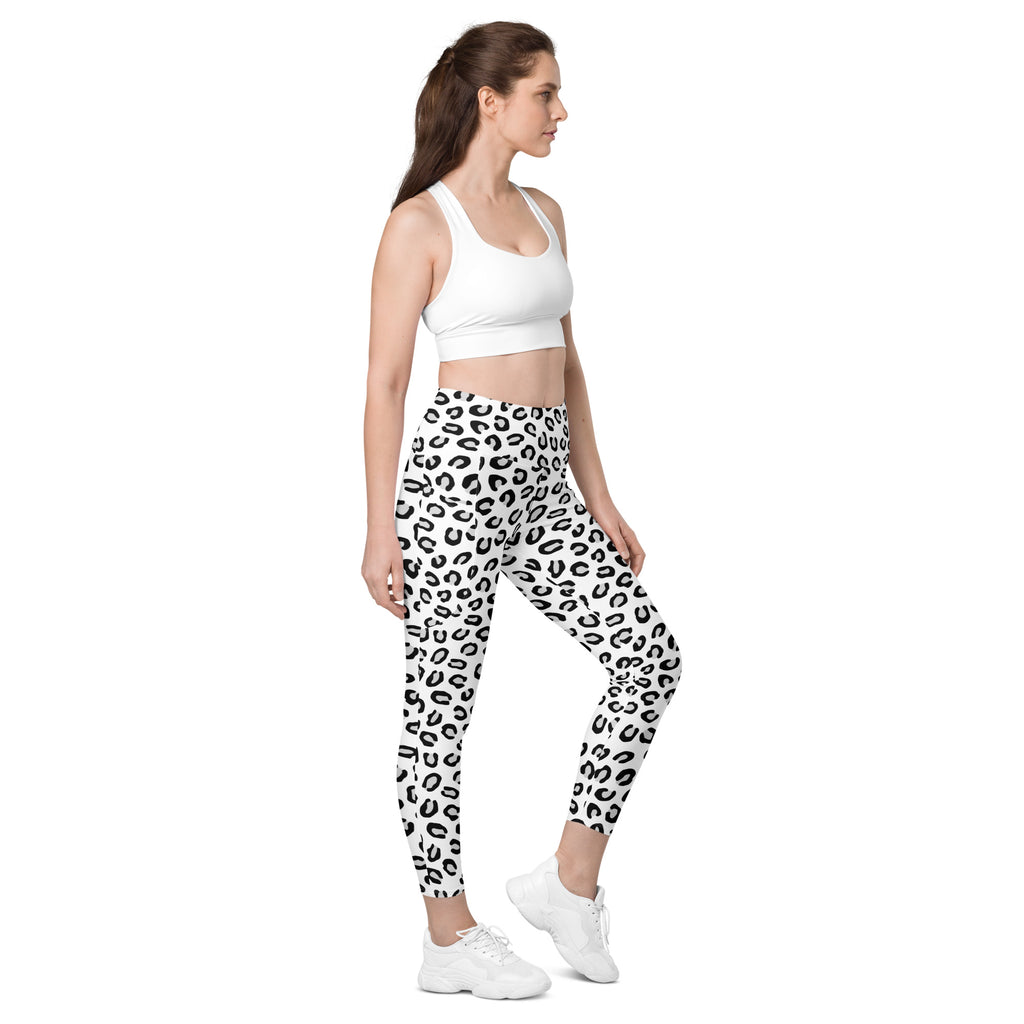White and black leopard-print women’s high-waisted yoga leggings with pockets and soft compression fabric