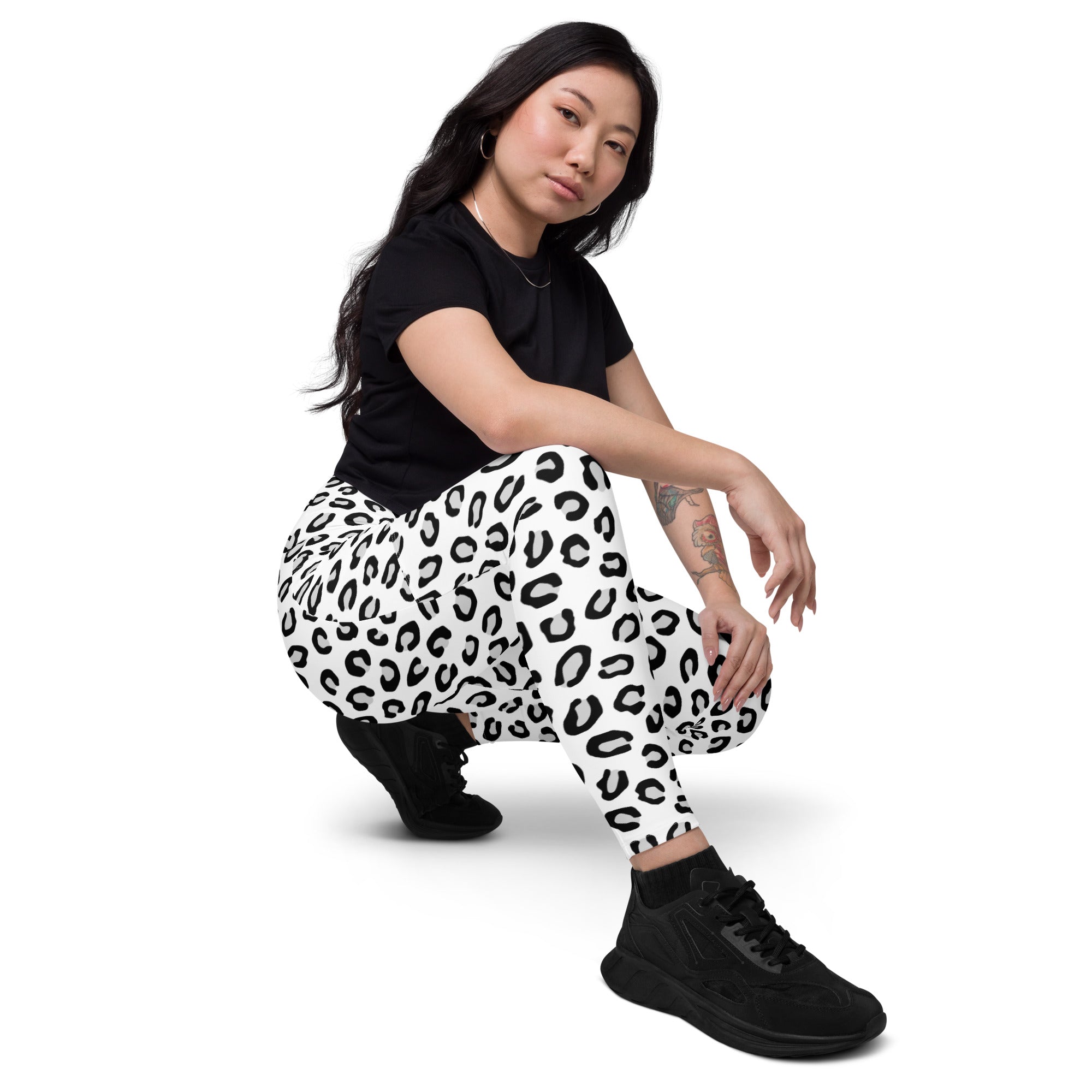 Women’s white leopard yoga leggings with bold black spots high-waisted soft compression joggers with pockets