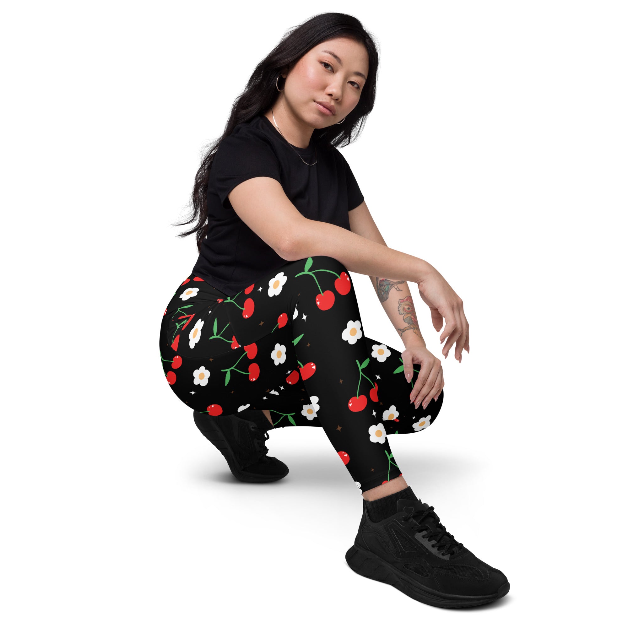 Women’s high-waisted black leggings with red cherry and white flower print soft compression active pants with pockets