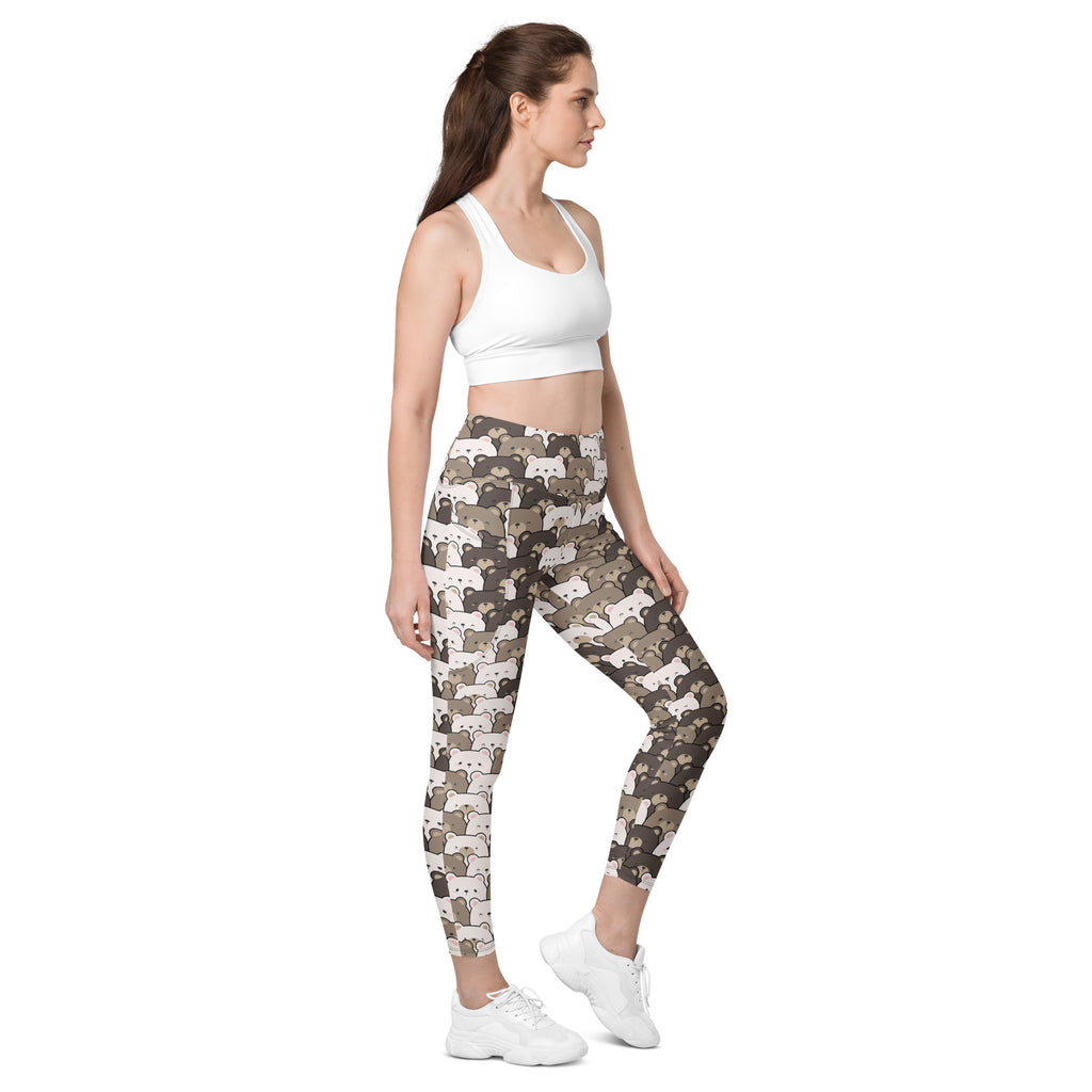 Women’s high-waisted camouflage yoga leggings with soft compression and pockets featuring beige and brown cat designs