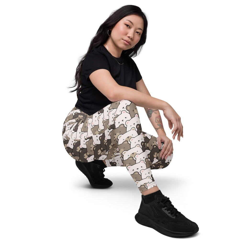 Women’s high waisted camouflage yoga leggings with pockets featuring white and brown cartoon bear faces and soft compression
