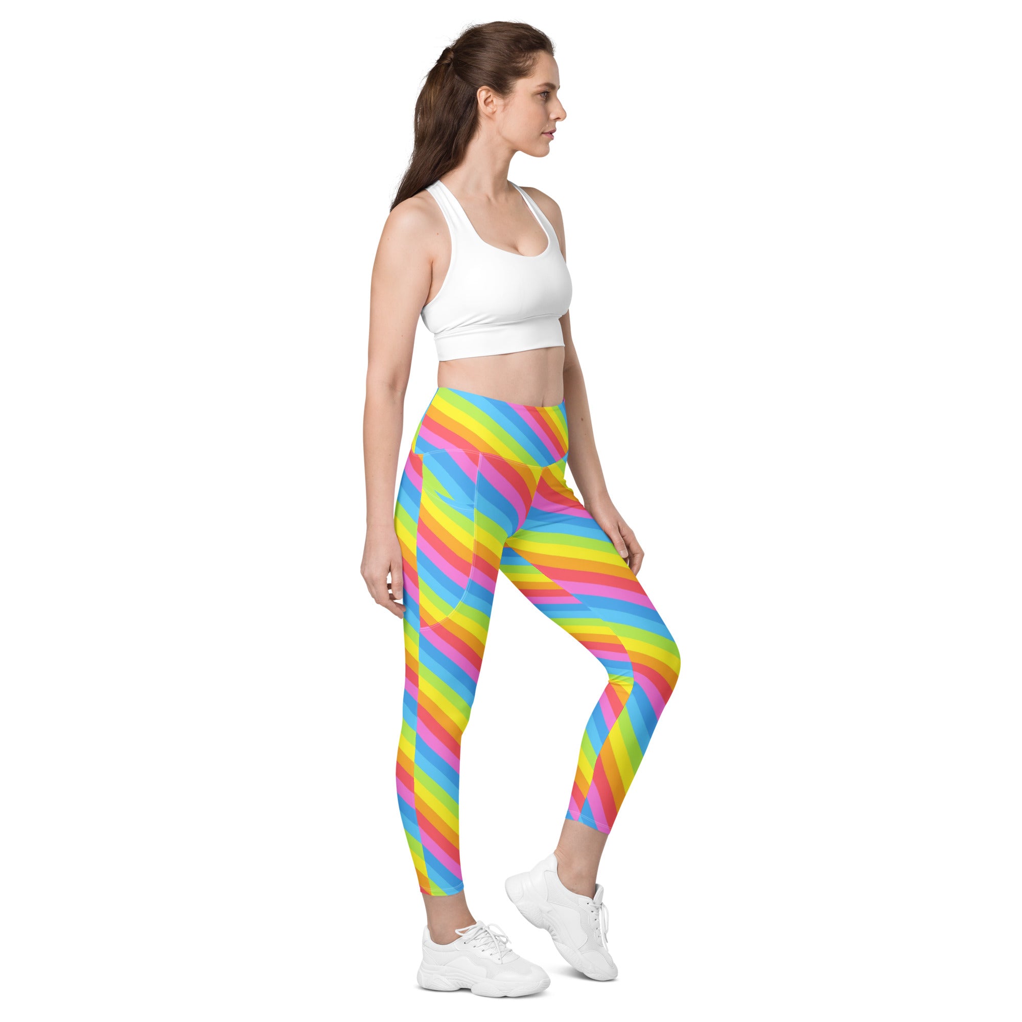 Women’s Rainbow Stripe Yoga Leggings With Pockets – High-Waisted, Soft Compression Active Pants