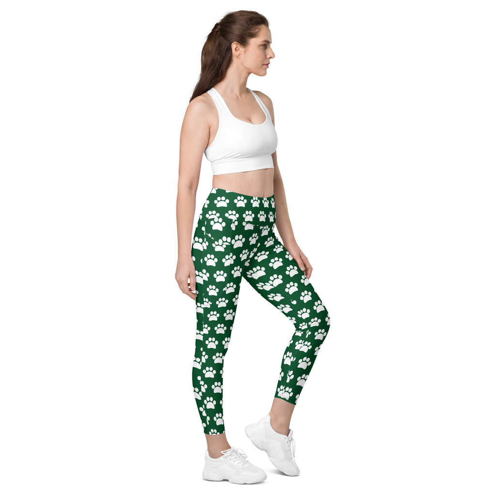 Women’s green paw print yoga leggings with pockets high waisted soft compression active pants with white paw prints