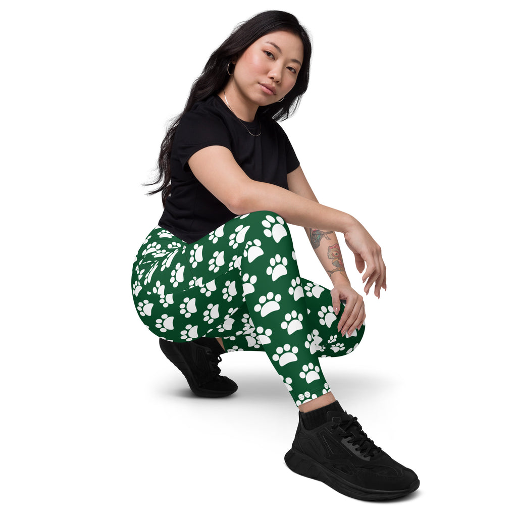 Women’s green high-waisted paw print yoga leggings with pockets soft compression fabric for active use