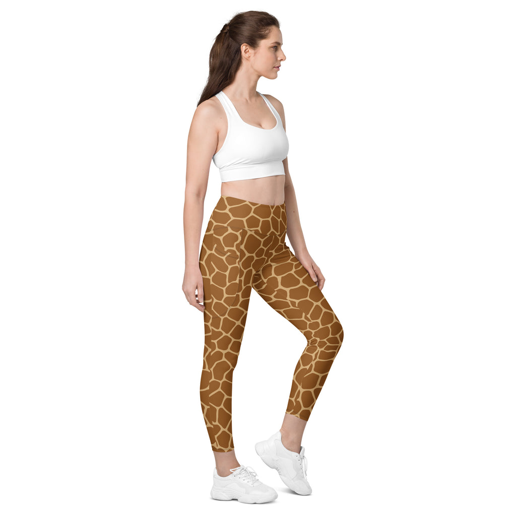 Women’s high-waisted brown giraffe print yoga leggings with pockets soft compression active pants