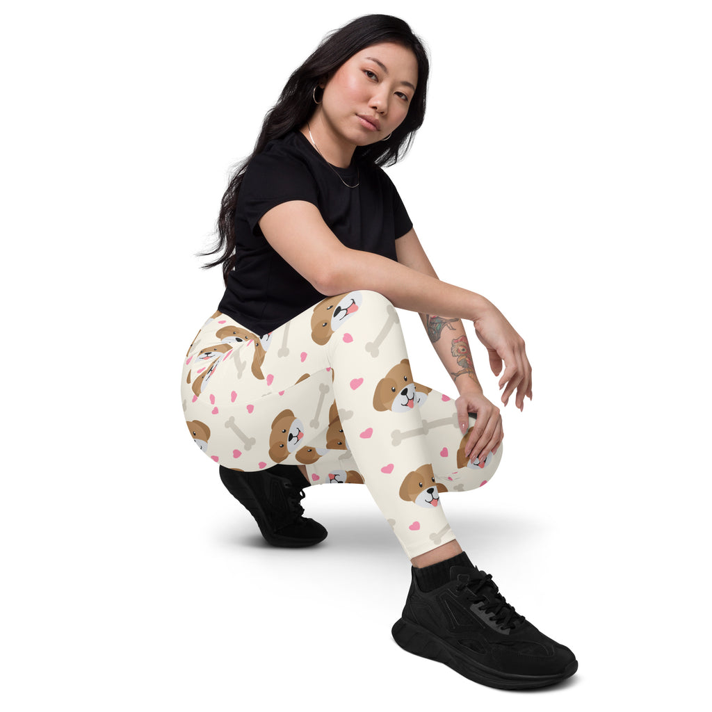 Cream-colored women’s cute dog yoga leggings with pockets high-waisted soft compression and playful brown dog pattern